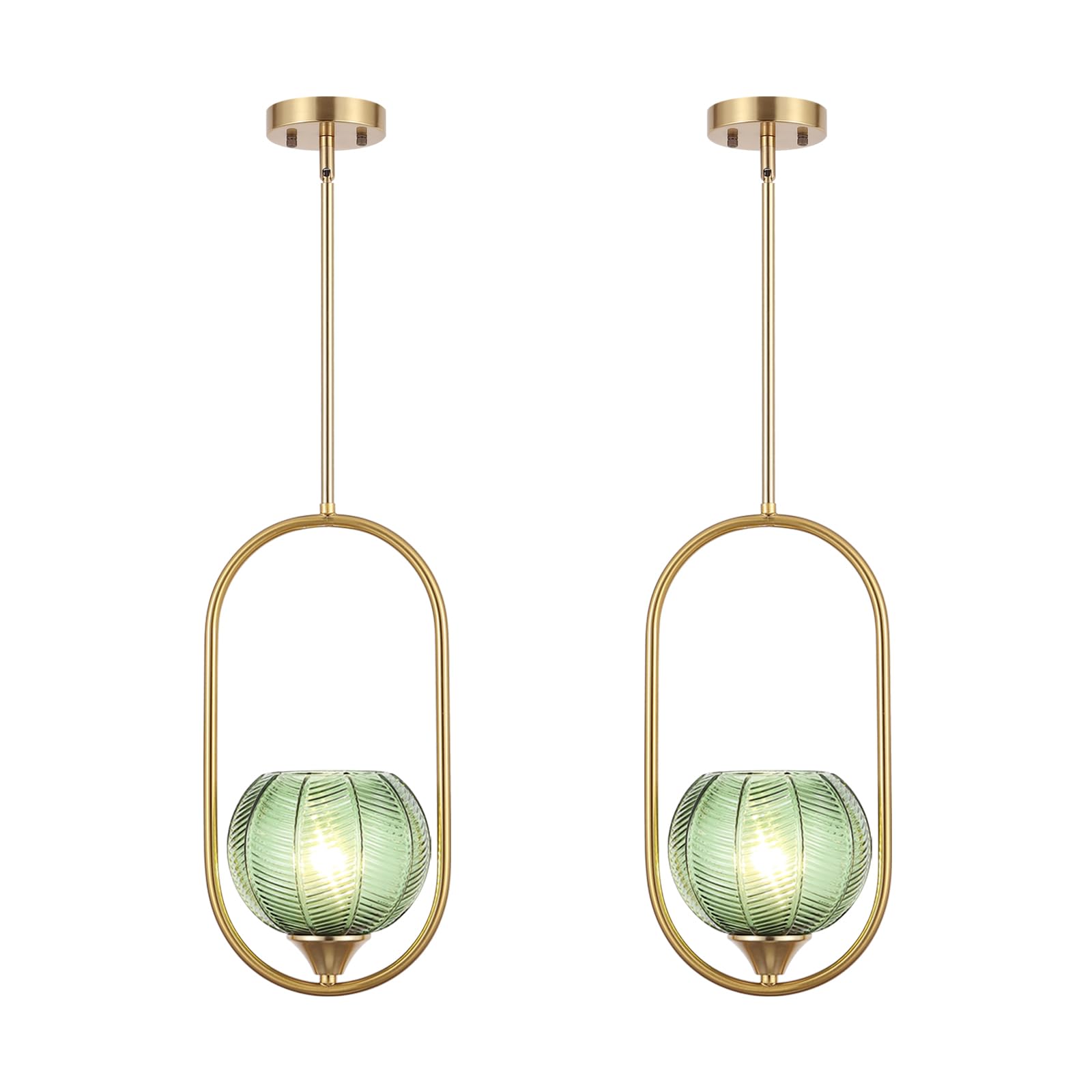 Byoliima Modern Gold Globe Pendant Light With Green Glass Globe Lampshade Mid Century Chandelier 1-Light Brushed Brass Ceiling Hanging Lighting Fixture For Kitchen Island Dining Room Bedroom (2 Pack)