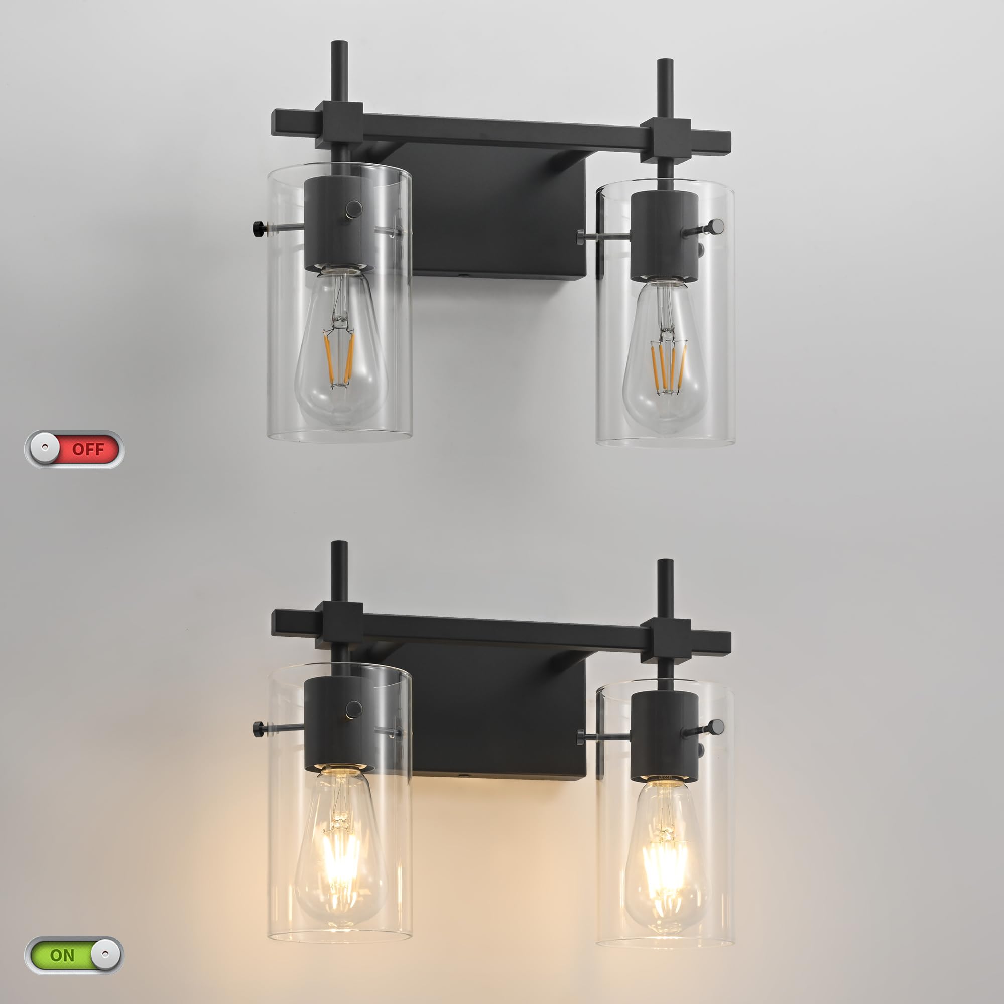 SOLFART Vintage 2-Light Bathroom Sconces, Matt Black, Glass & Metal, Model 7200-2T-BK