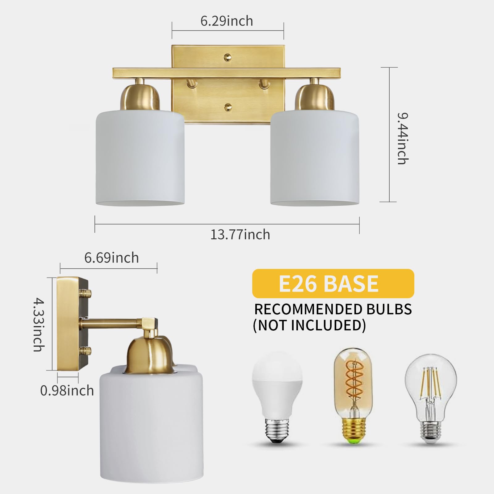 FAISHILAN 2-Light Brushed Gold Vanity Lights for Bathroom, Gold Vanity Lights for Bathroom with Milky White Frosted Glass Shades