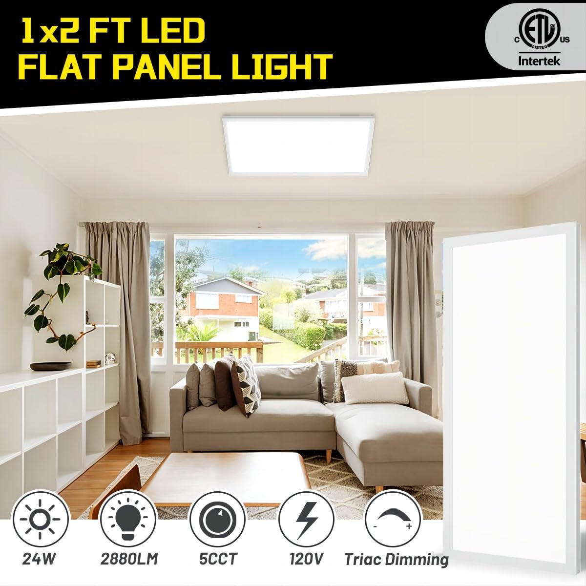 BeckTour 1x2 LED Flat Panel Light, Dimmable 24W, 2880LM, 5CCT, White, 2-Pack, Flush Mount Ceiling Light