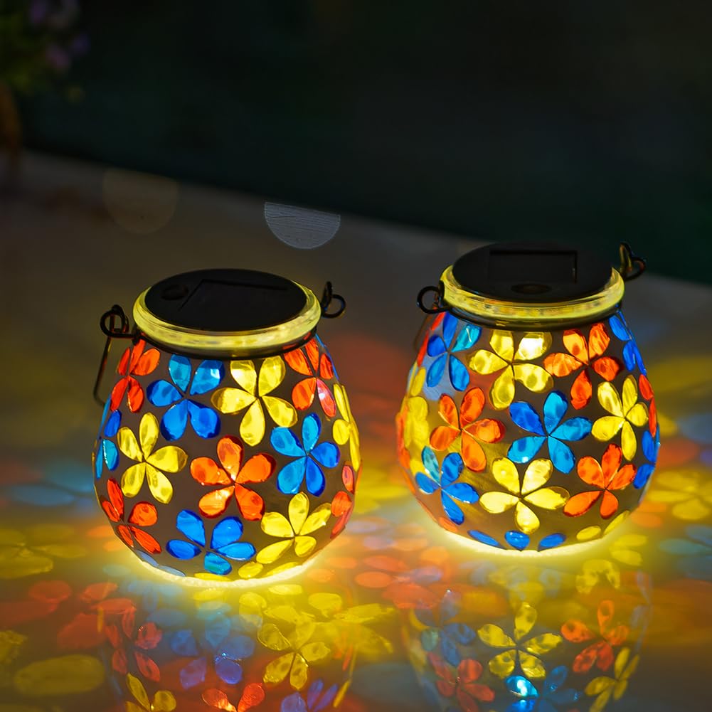 Stargarden 2Pack Mosaic Solar Lanterns, Glass Hanging Lantern Waterproof Outdoor Haning Lights Flower Decorative Table Lamp for 