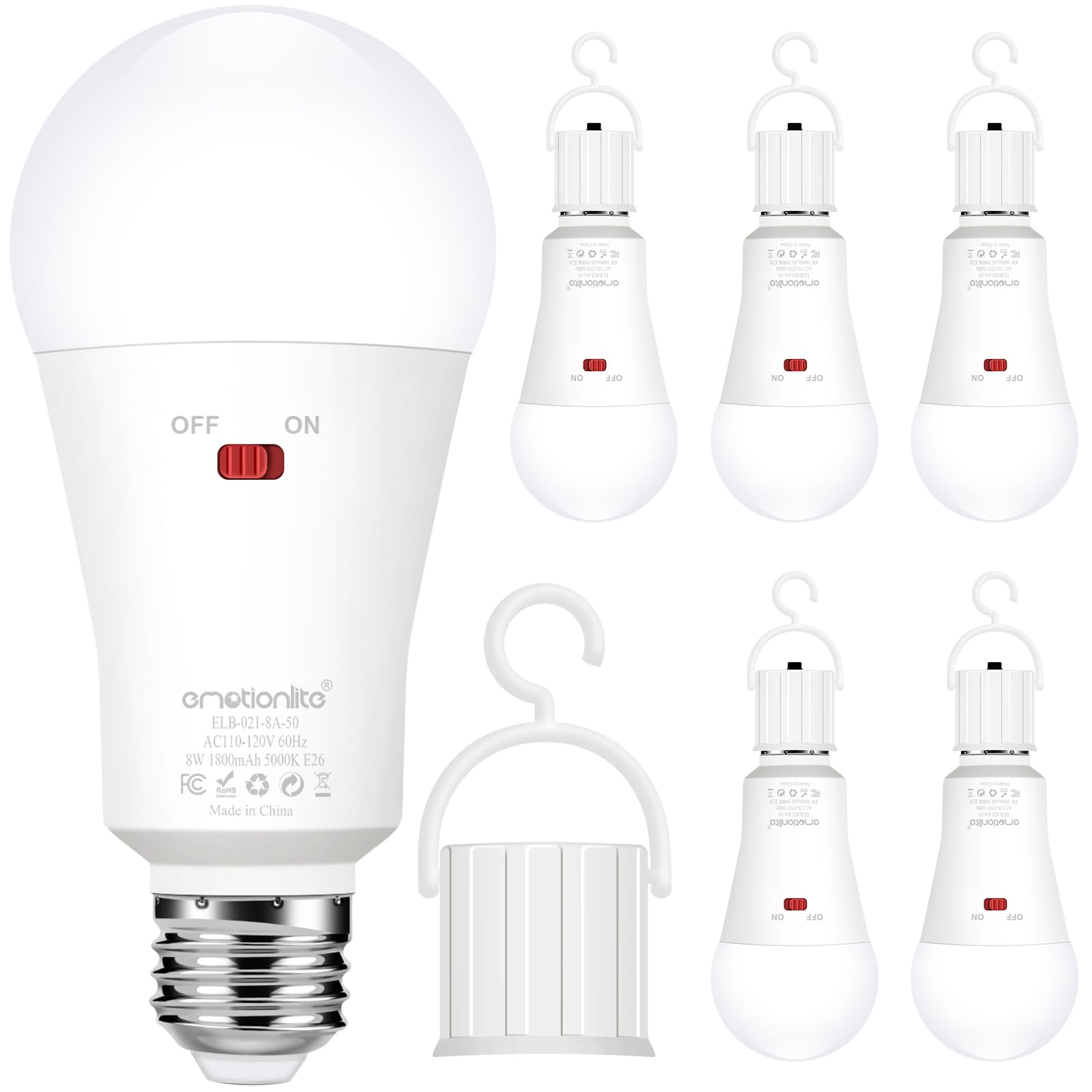 Emotionlite Rechargeable Emergency Light Bulb, 1800mAh, 5000K Neutral White, 6 Pack, Dimmable, E26 Base