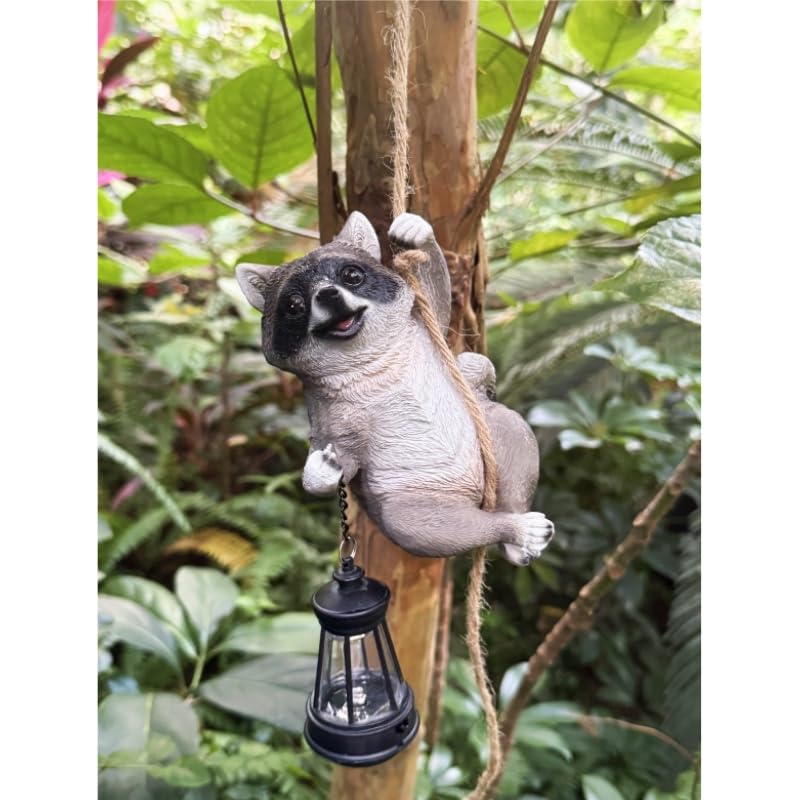 Raccoon Garden Decor Outdoor Statues Resin Climbing TBeverage with LED Light Waterproof Hanging Animal Figurine for Garden Wall Balcony Tree Decoration Gift