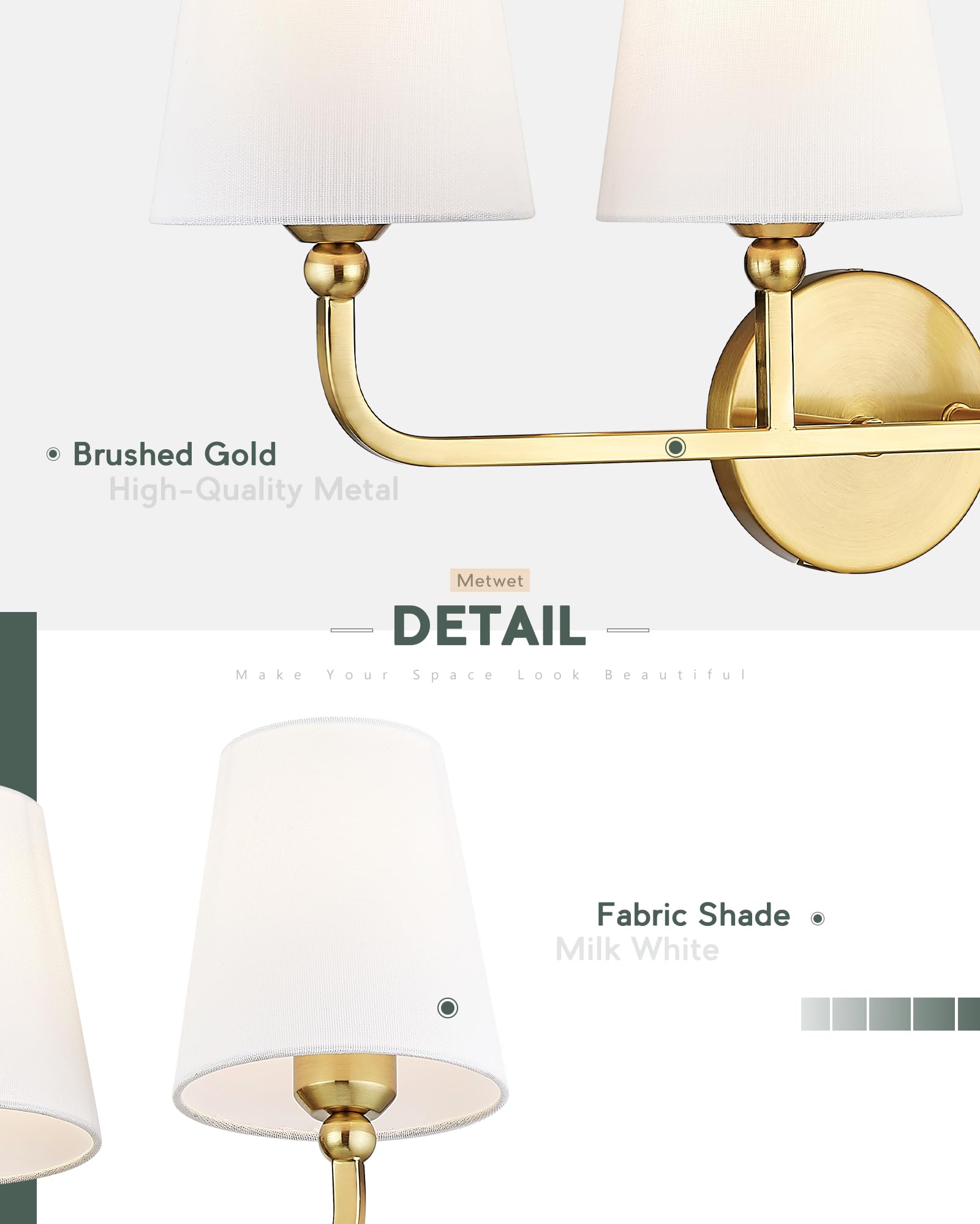 METWET 4-Light Bathroom Vanity Light, Brushed Gold Metal Sconces with White Fabric Shade, Model VL837-BG-4, Modern Design for Hallway/Bedroom