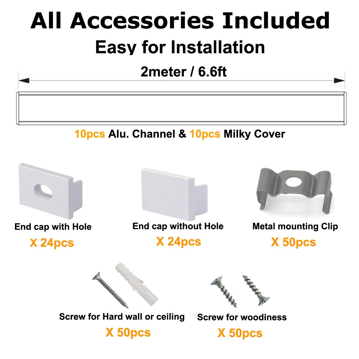 Hunhun 10-Pack 6.6Ft/ 2Meter Plus-Size U Shape Led Aluminum Channel System With Milky Cover, End Caps And Mounting Clips, Aluminum Profile For Led Strip Light, Special For Philips Hue Strip