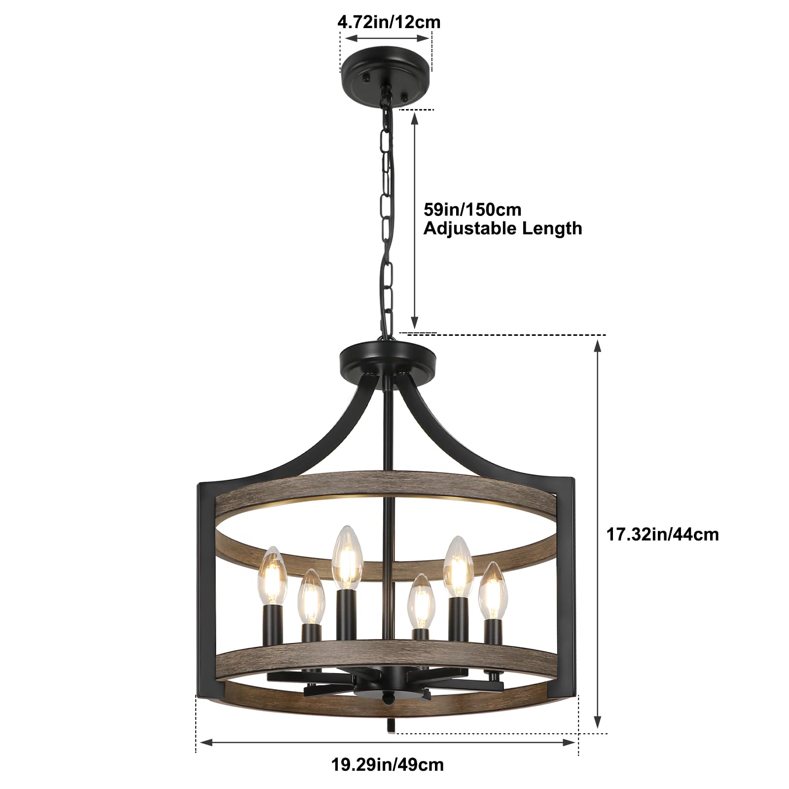 WBinDX 6-Light Farmhouse Chandelier, Metal & Faux Wood, Black, Model WB128M-6BW, Rustic Pendant Lighting for Dining Room & Kitchen
