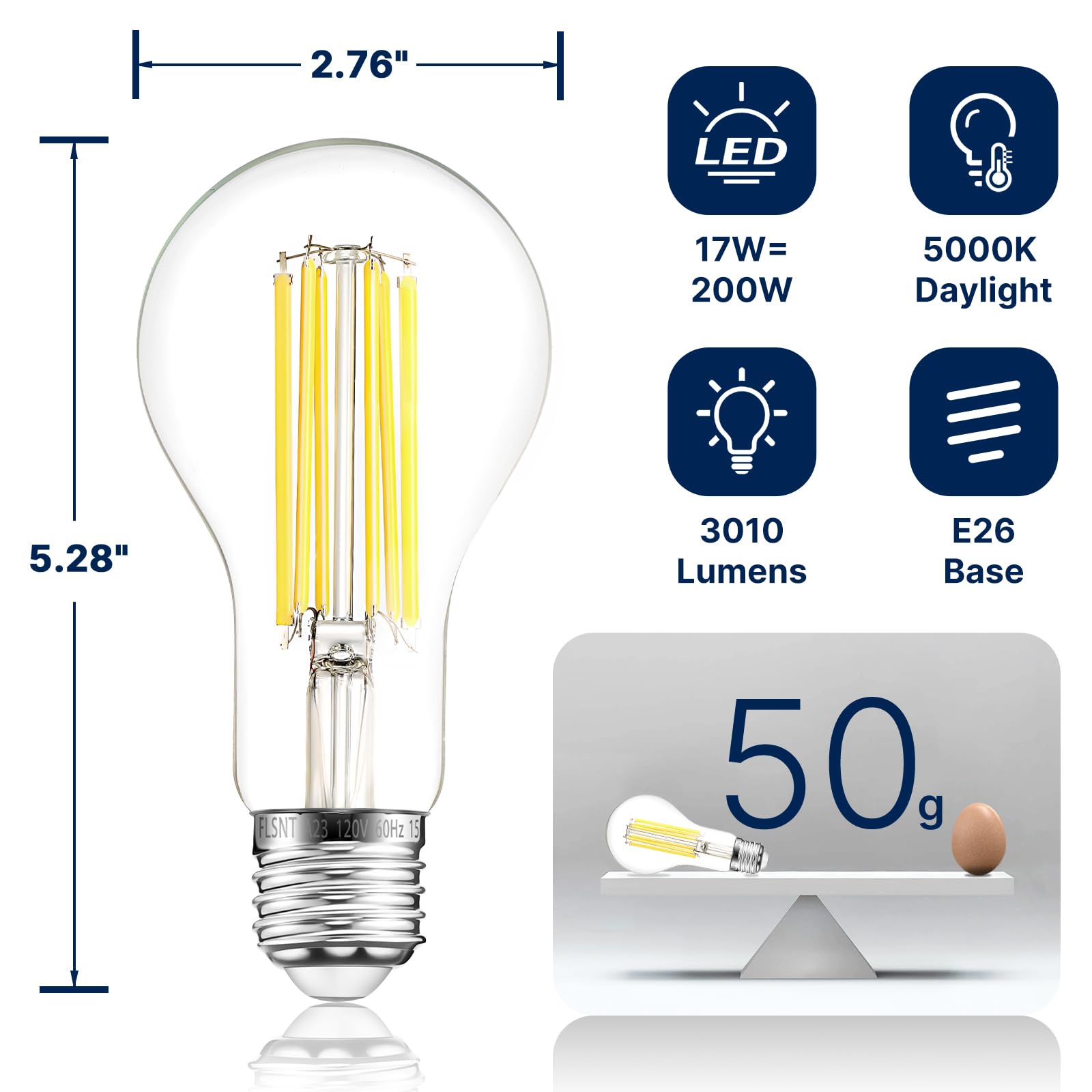 FLSNT A23 LED Light Bulbs, 200W Equivalent, 17W, 3010 Lumens, 5000K Daylight, Clear Glass, E26 Base, 4