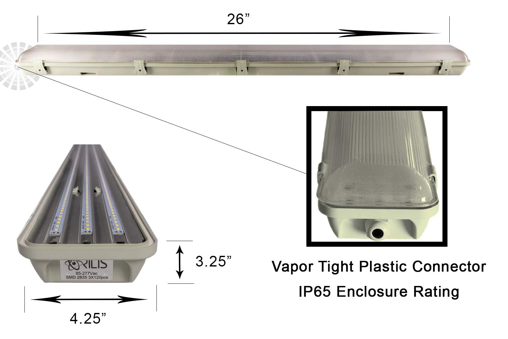 Orilis 2 Ft 6500K 36W Led Vapor Tight Lights | Commercial Indoor/Outdoor Hardwired Ip65 Waterproof Fixtures | 3600 Lumens | Deta