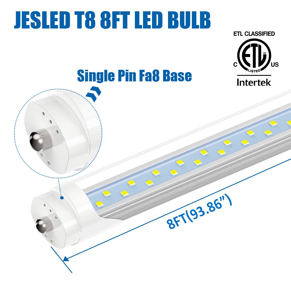 Jesled 8Ft Led Bulbs, Single Pin Fa8 Base, 50W (130W Equiv.), 5000K Daylight, 6000Lm, 8 Foot T8 T10 T12 Led Tube Lights, 96'' Le