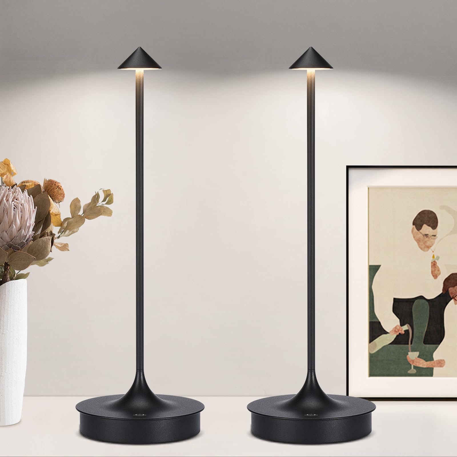 JICAI Cordless Table Lamp Set of 2, Rechargeable LED, Dimmable, Waterproof, Black, Model ALD9537BK22