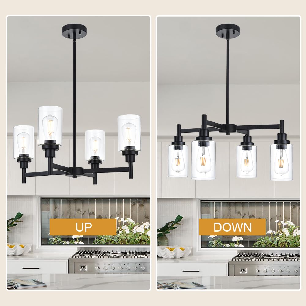 VINLUZ 4 Light Chandelier Black Hanging Light Fixture with Clear Glass for Dining Room and Bedroom - Model 210-4BL