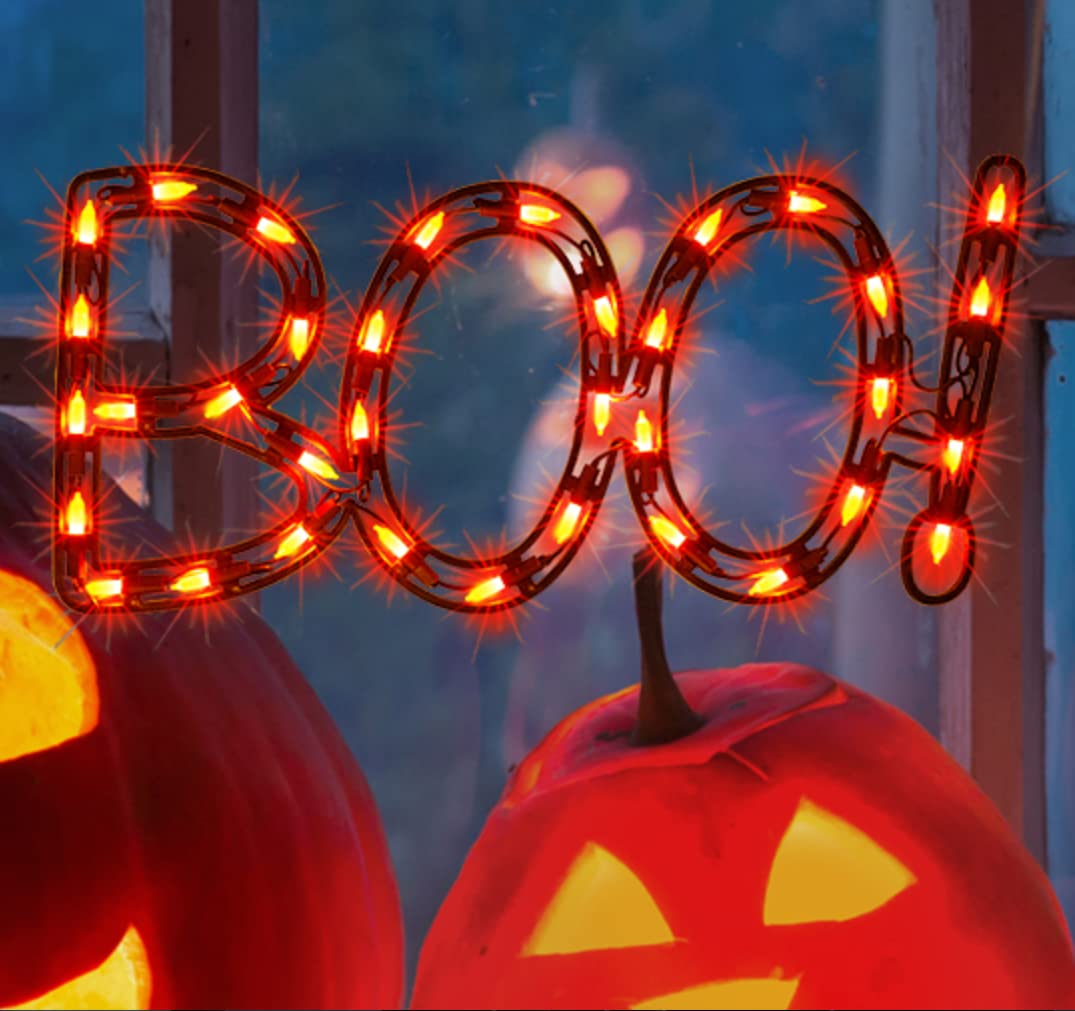 Justpro 13.3" Lighted Boo Halloween Window Silhouette Decoration,Halloween Lighted Window Decoration,Hanging Light Up Holiday Ornament
