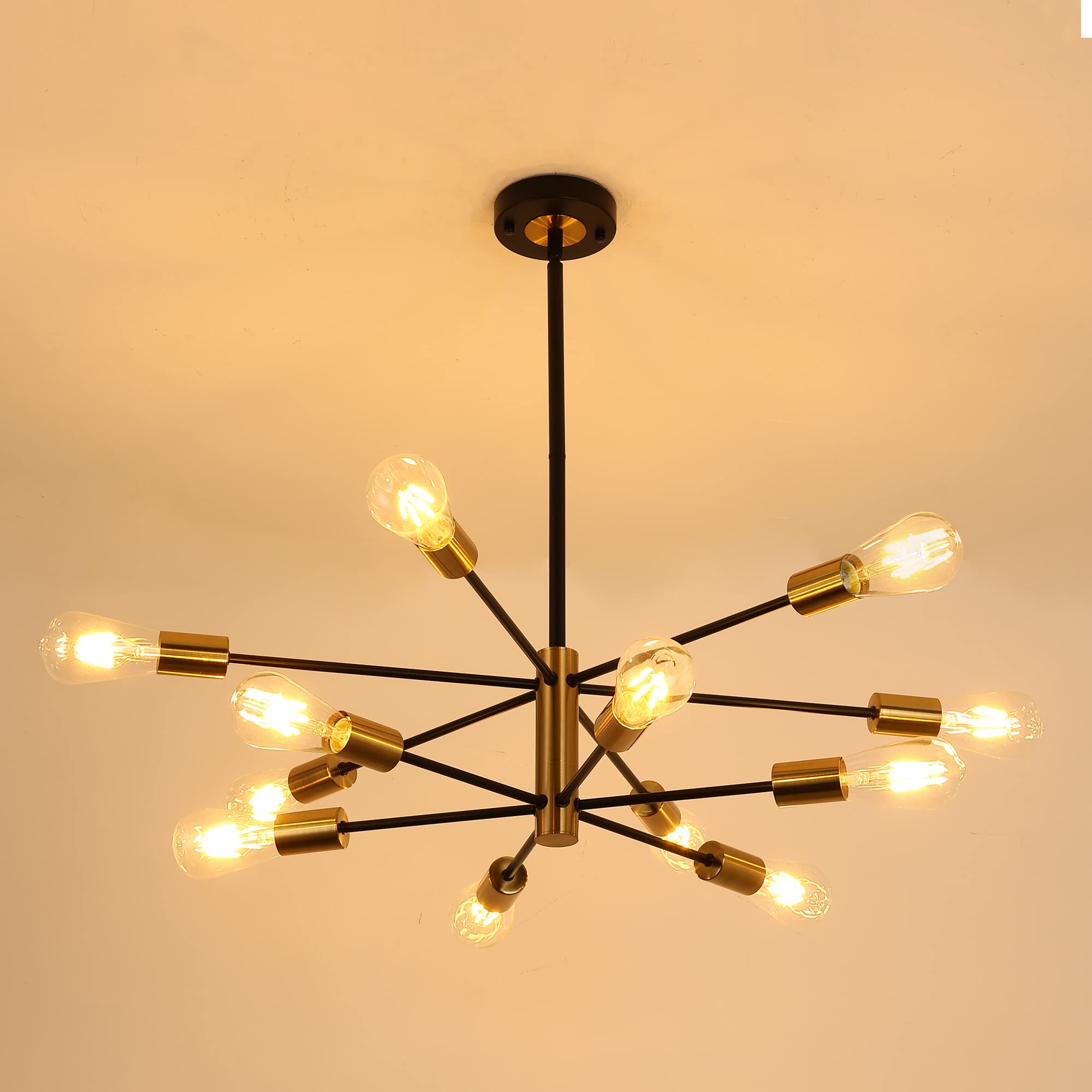HUMHOLD 12-Light Modern Sputnik Chandelier, Black Gold, Adjustable Height, Stainless Steel, Model HDTHD-B01