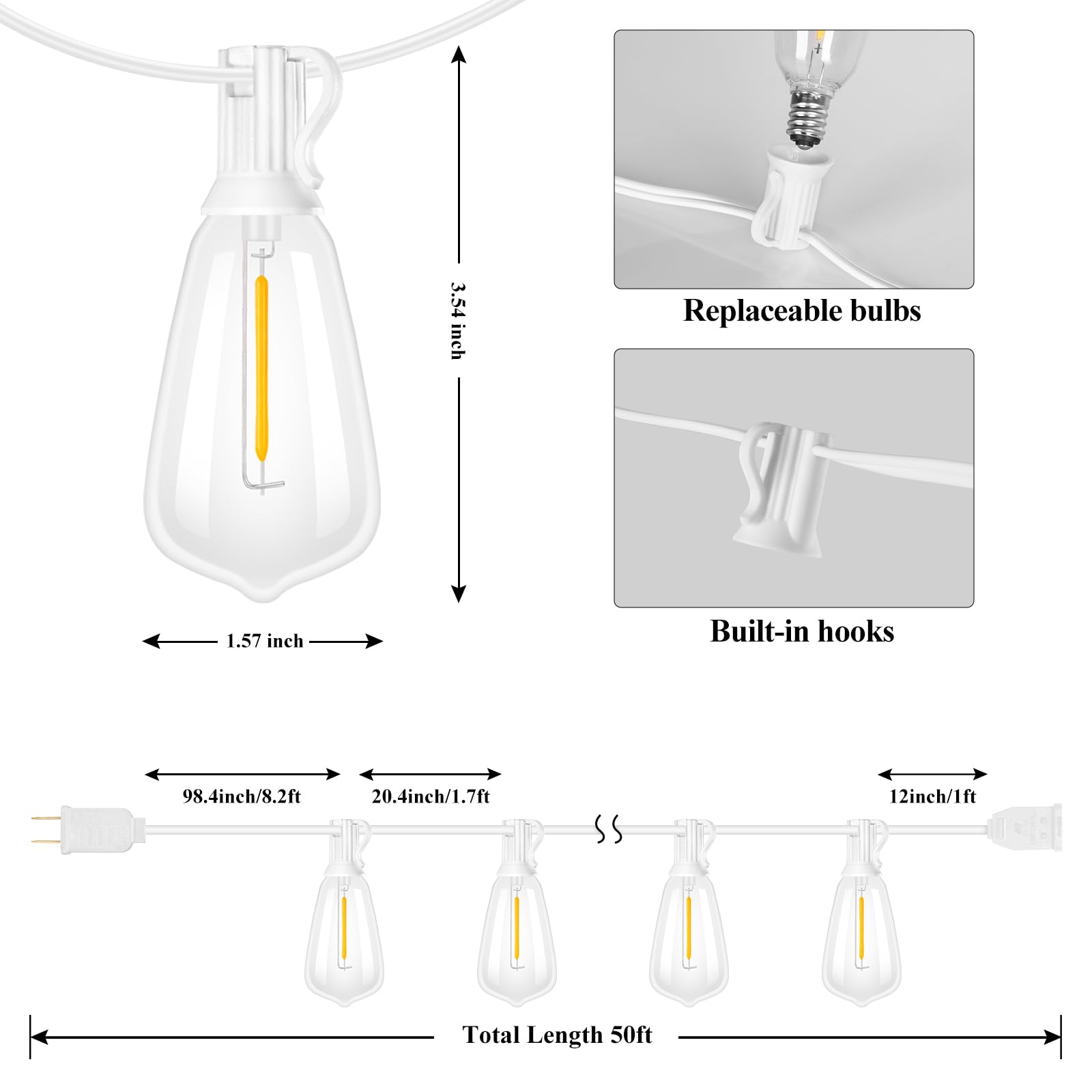 Brightever 50Ft Outdoor String Lights Weatherproof, Patio Lights With 25+2 St38 Edison Shatterproof Bulbs, Commercial Grade Warm