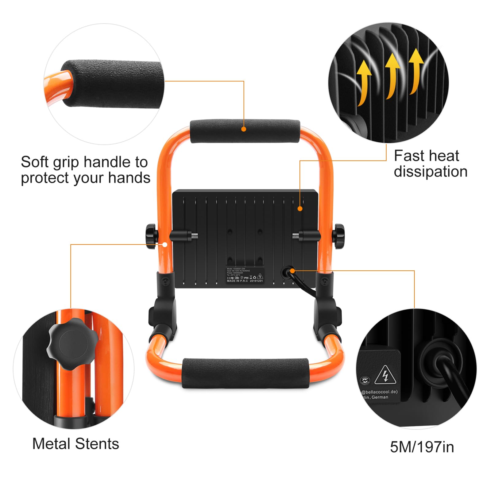 LTE 50W LED Work Light, 4300LM, IP66 Waterproof, 5000K Daylight, 16.4FT Cable, Orange