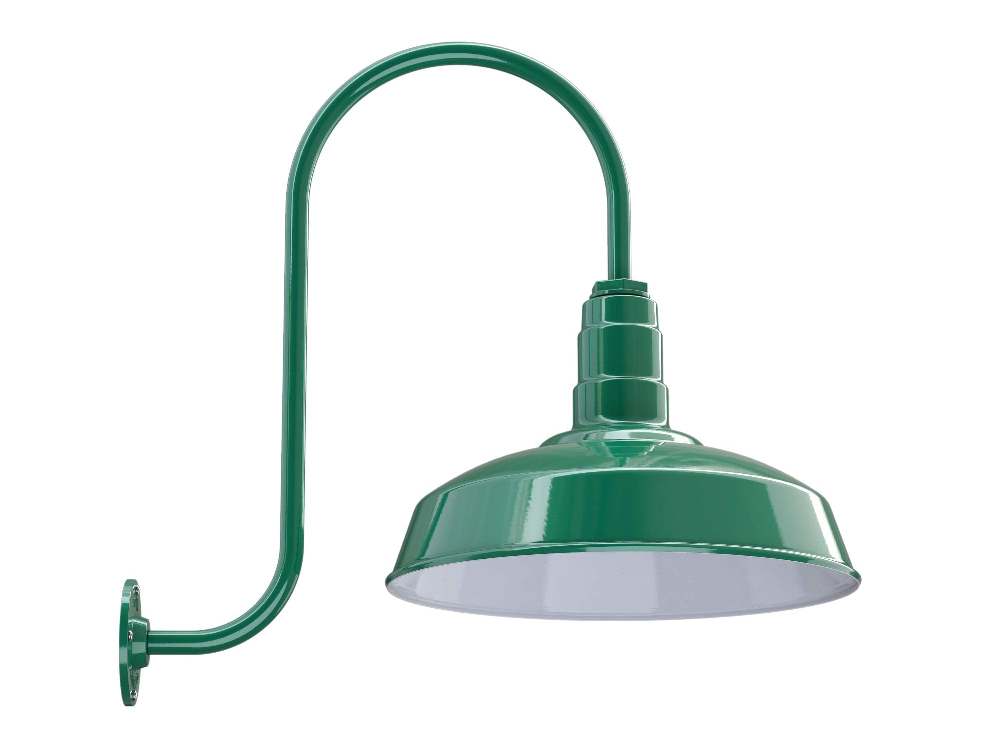 Steel Lighting Co. Gardena Barn Light - Outdoor Wall Mounted, 16in Dome, Upslope Gooseneck, Green Exterior/White Interior, Made in America