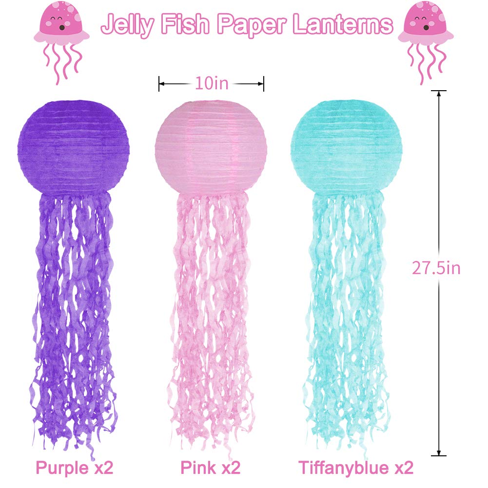 zilue Jelly Fish Paper Lanterns Set of 6, Paper, Pink Purple Blue, Model ZL1006, Mermaid Unicorn Theme Party Decorations
