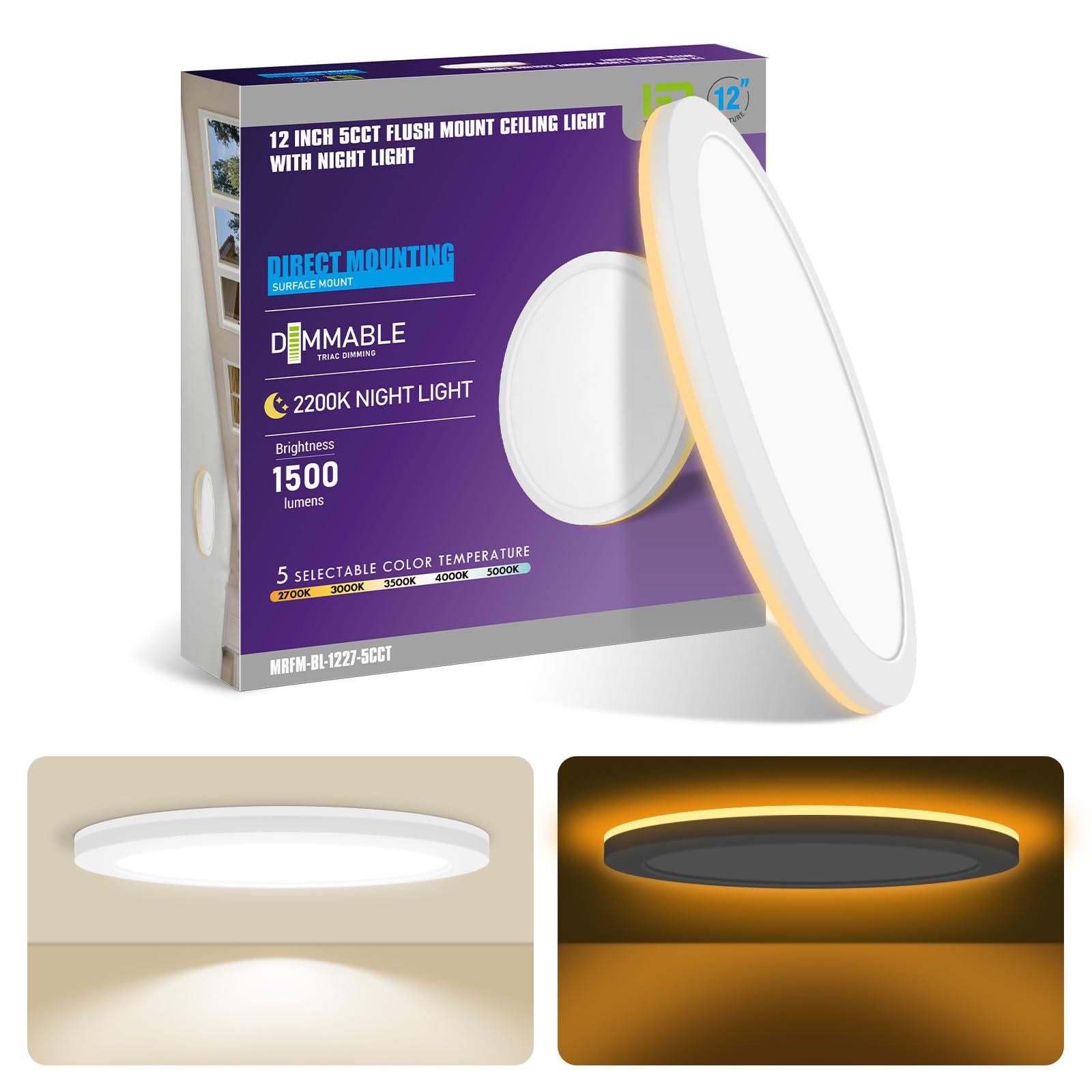Mw 12 Inch Led Flush Mount Ceiling Light With Night Light,24W Eqv.80W, Wired (No Remote), 2700K/3000K/3500K/4000K/5000K, Etl,Cal