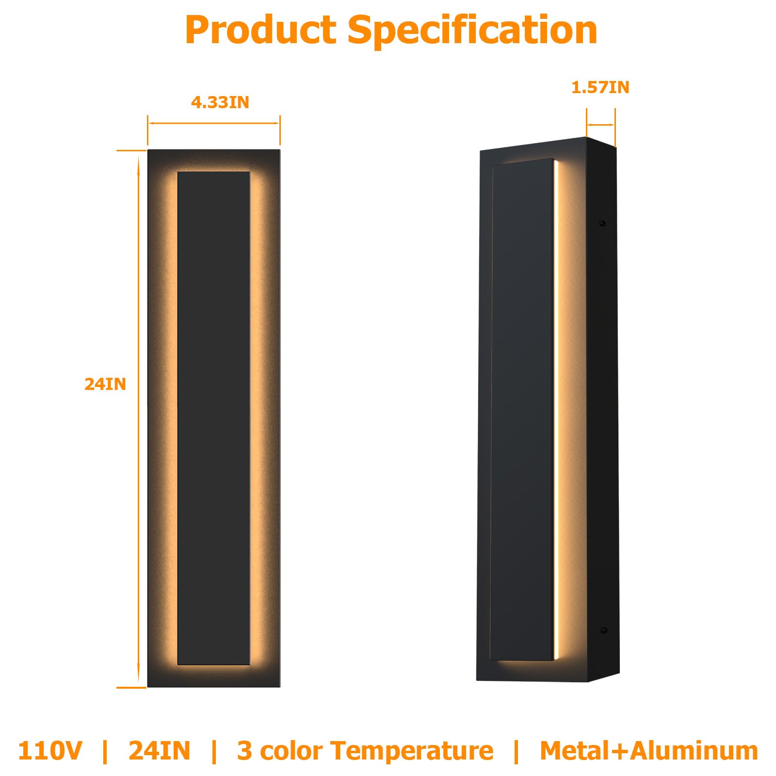 Picico 2Pcs 24In Modern Led Outdoor Wall Lights  Dimmable Black Exterior Wall Sconce Lighting Fixtures  Rectangular Mini Outdoor Garage Lights  360 Beam Angle Vertical Outdoor Lights For House Porch