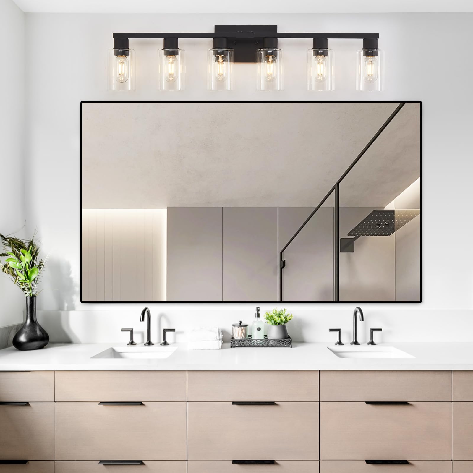 Black Bathroom Light Fixtures, Large 6-Light Bathroom Vanity Light, Vanity Lights For Bathroom With Clear Glass Shade, 34In Farm