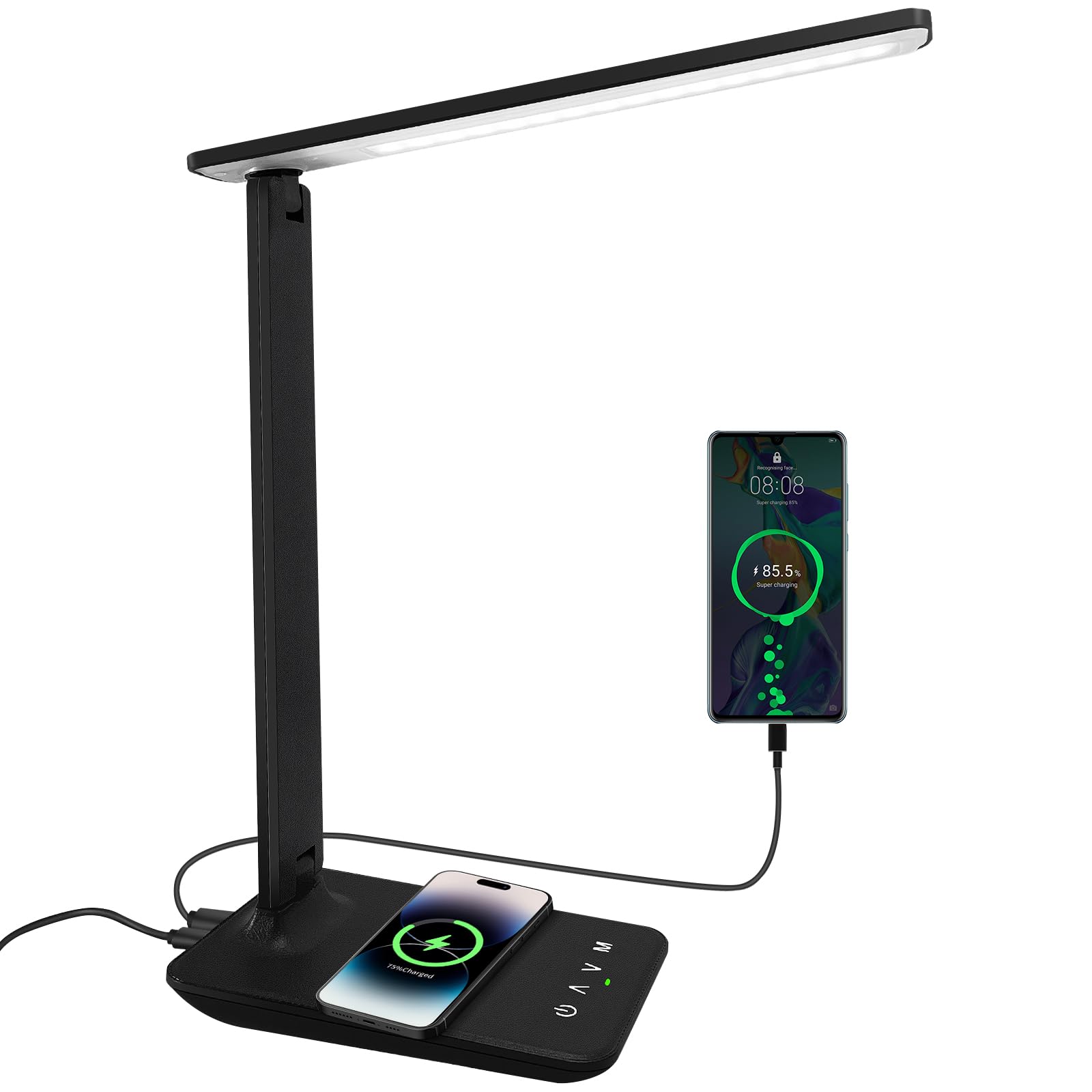 White Crown LED Desk Lamp with 15W Charger, Dimmable, Touch Control, Aluminum Plastic, Pro Size, Black, Model QM019