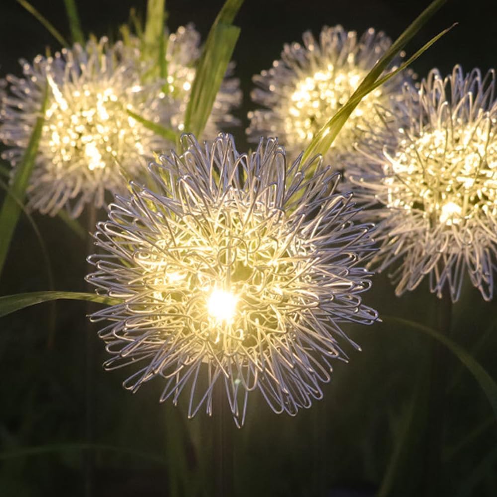 4PK 32LED Solar Garden Lights Outdoor  Dandelion Solar Lights Outdoor  IP65 Waterproof Firefly Light Outside Decor for Patio Pathway  Sway by Wind for Fairy Garden Dandelion Decorations  Warm White