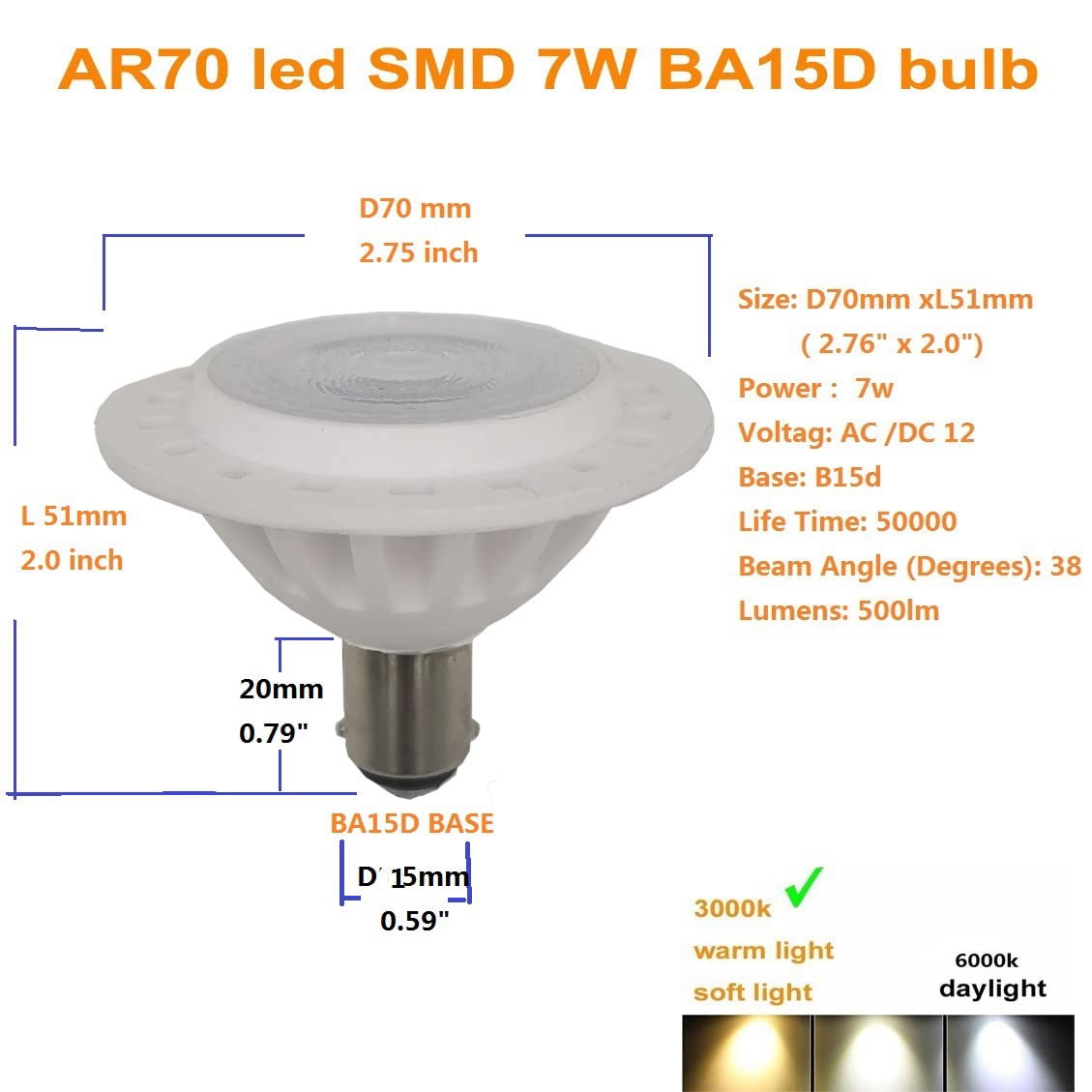 QLEE LED Spotlight 7W AC/DC 12V, Warm White Reflector, 3000K, 2 Pack, Aluminum, 38° Beam - Indoor/Outdoor Bulb Replacement