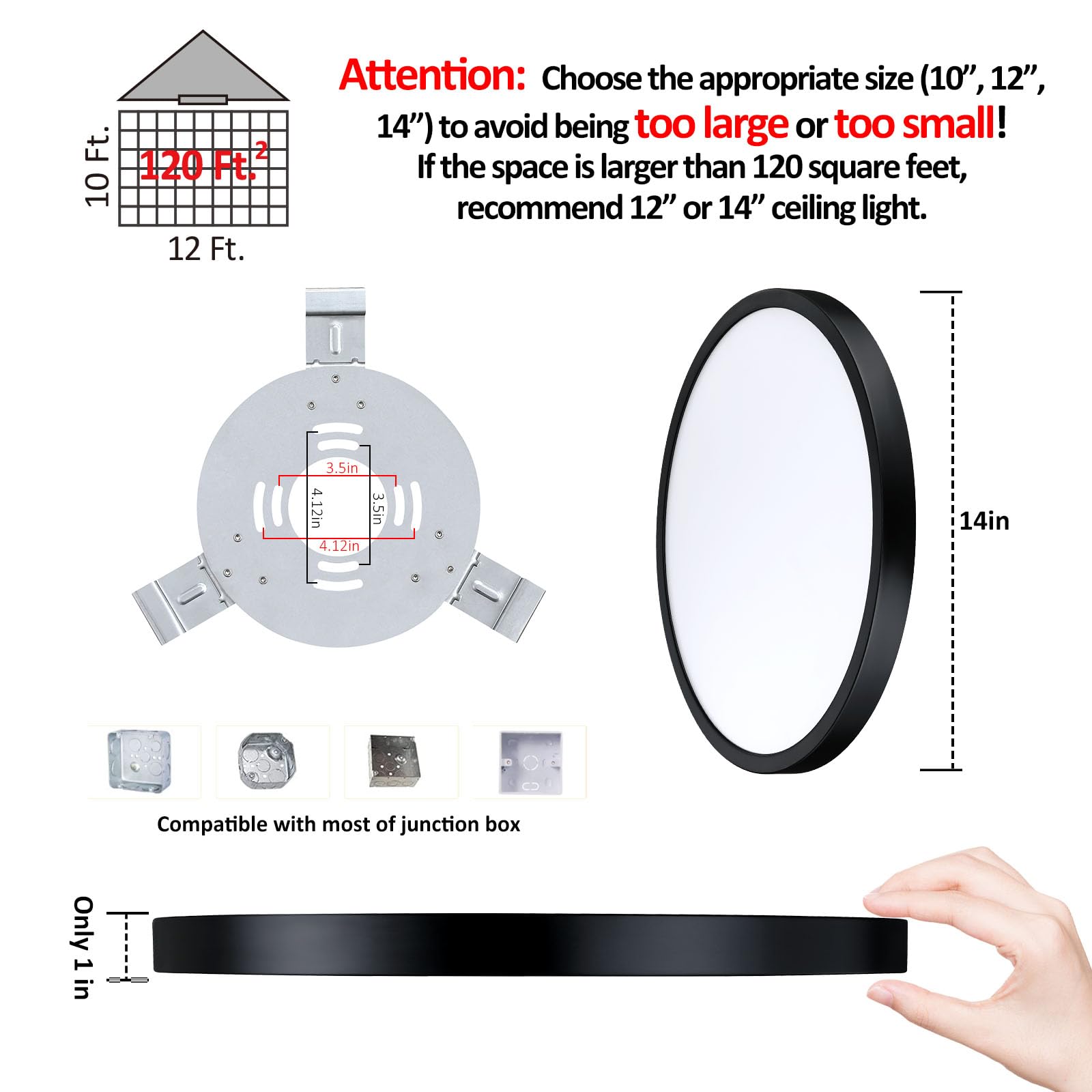 Senroyal Flush Mount Ceiling Light Fixture, 14 Inch Led Modern Kitchen Light, Slim Dimmable Black Flush Mount Light For Low Ceil