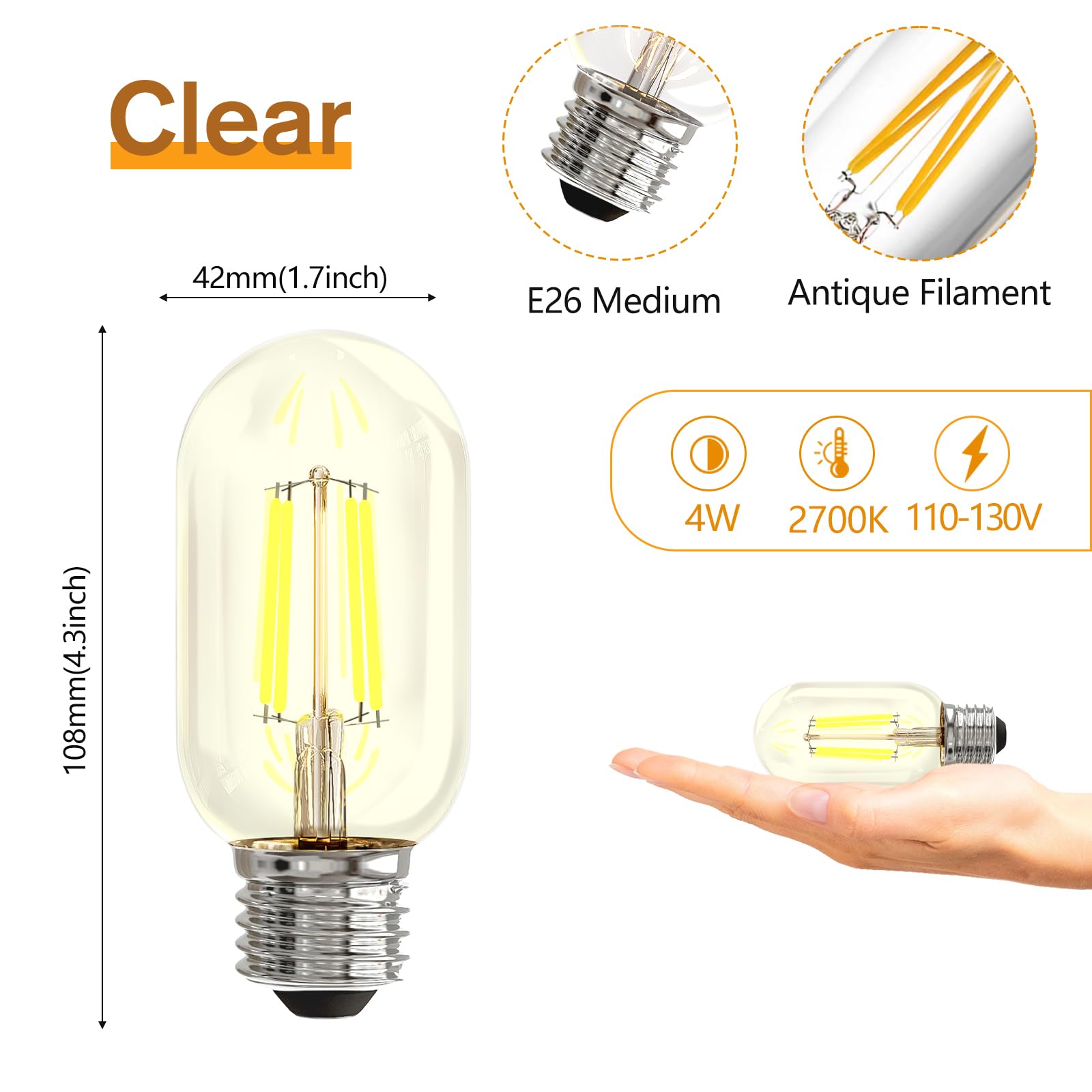 Nuodifan 4 Pack T45 Dimmable Led Edison Bulbs, Vintage Led Filament Bulbs 4W Equivalent 40W, 110-130V E26 Base 2700K Warm White