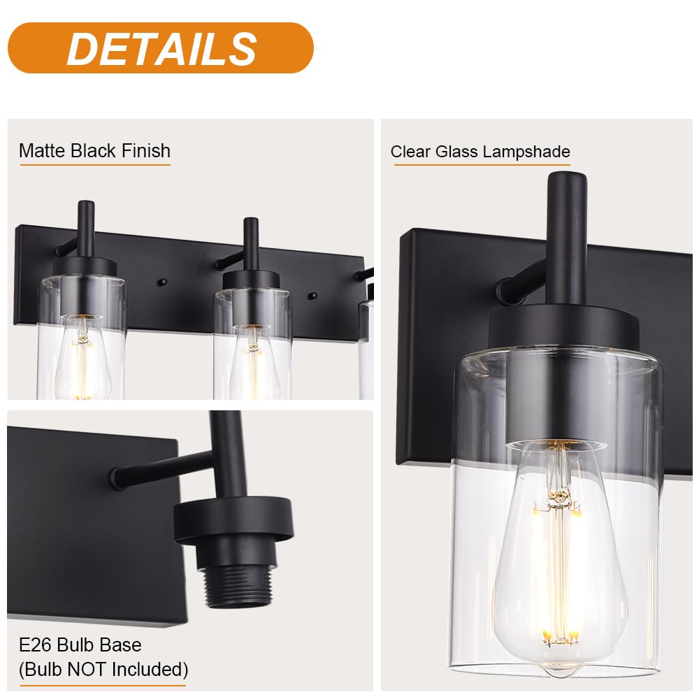 Vinluz Vanity Bathroom Light Fixture Black 3 Lights Rustic Wall Sconce Lighting With Clear Glass Shade Vintage Porch Wall Lamp (
