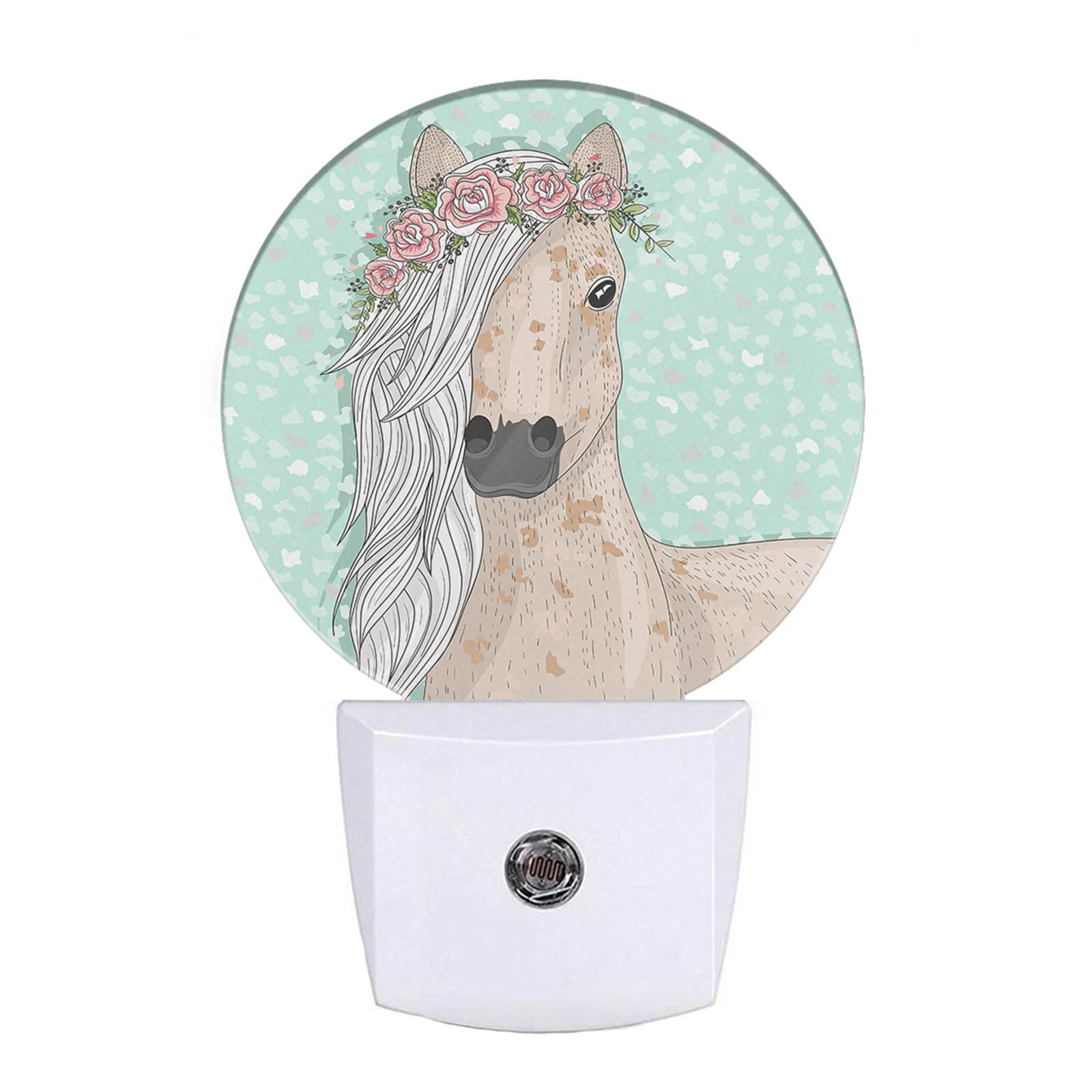 EKOBLA Watercolor Horse Night Light Wild Life Animal Horse Long Hair with Flowers Wreath Small Green Dots Plug-in Nightlights Du
