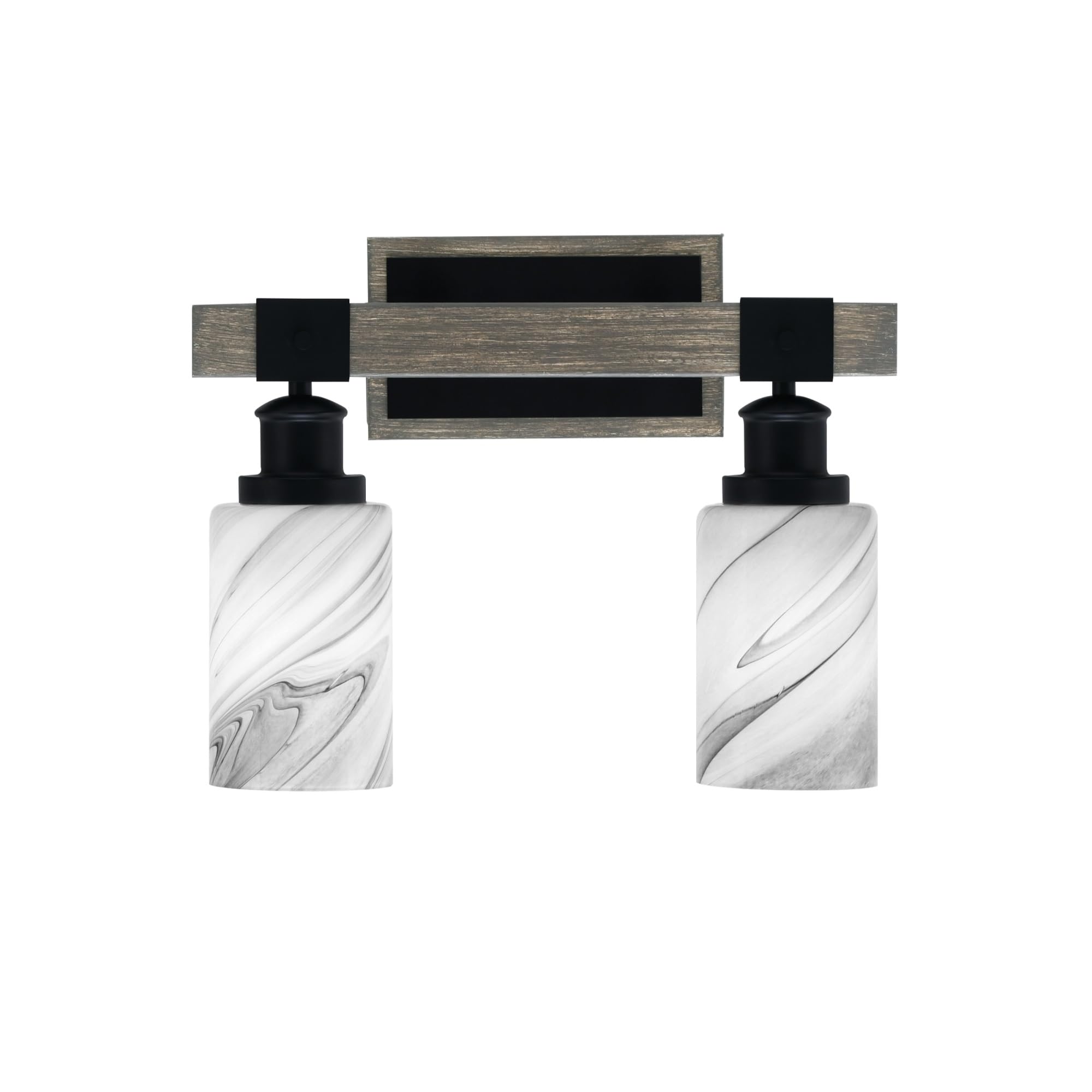 Toltec Lighting Tacoma 2 Light Bath Bar, Matte Black & Distressed Wood-Look Metal, Onyx Swirl Glass