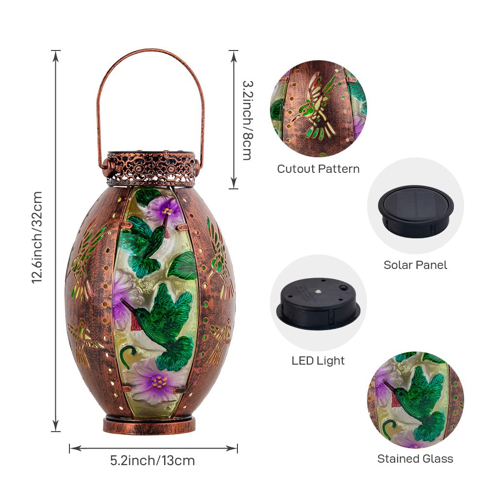 Starsoul Hummingbird Solar Lantern - Waterproof Stained Glass & Metal Outdoor Decorative Lights for Patio, Garden, and Pathway