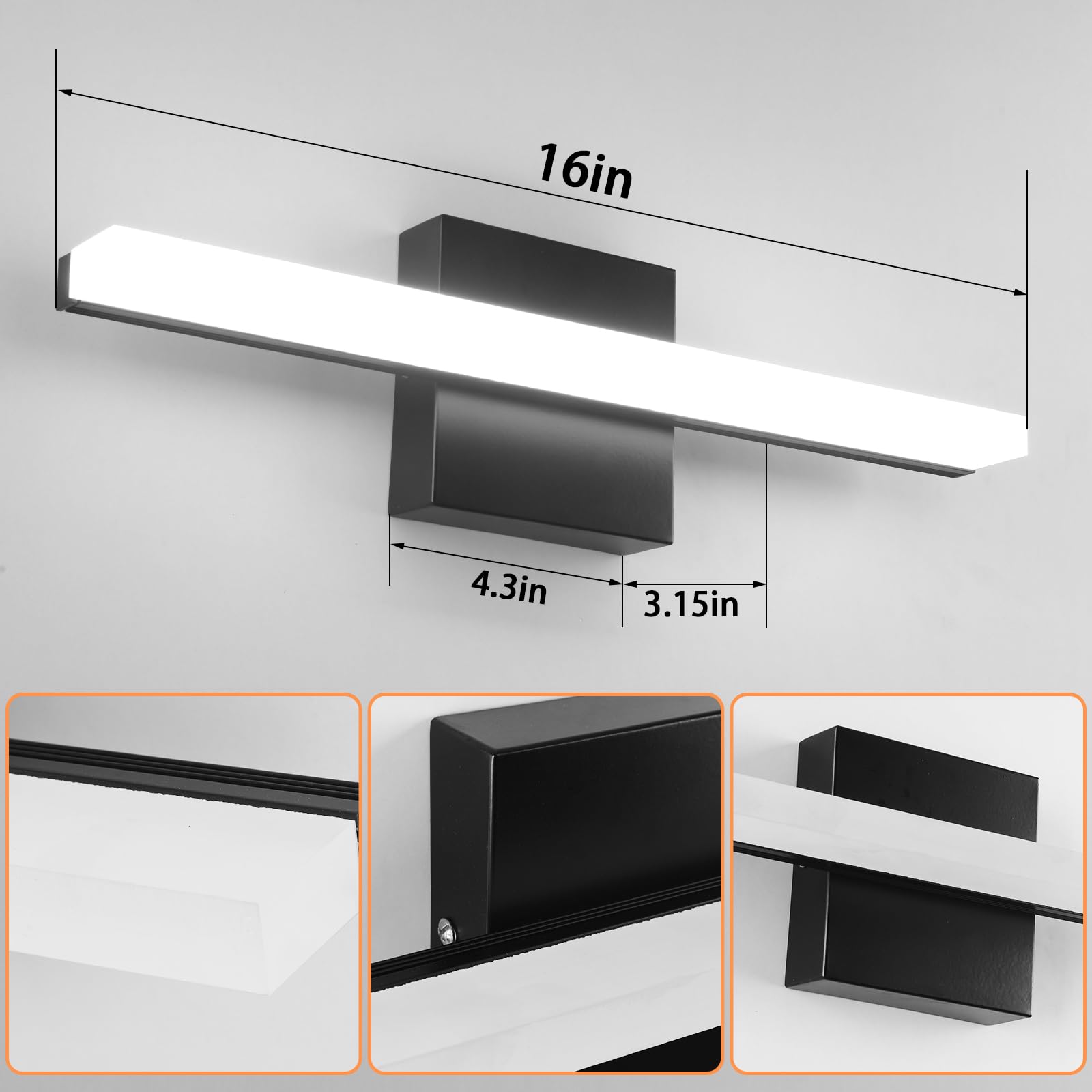 Amansour 24Inch Black Bathroom Vanity Lights Fixtures Over Mirror Modern Led Wall Sconce Vanity Light Bar For Bathroom 3000K/400