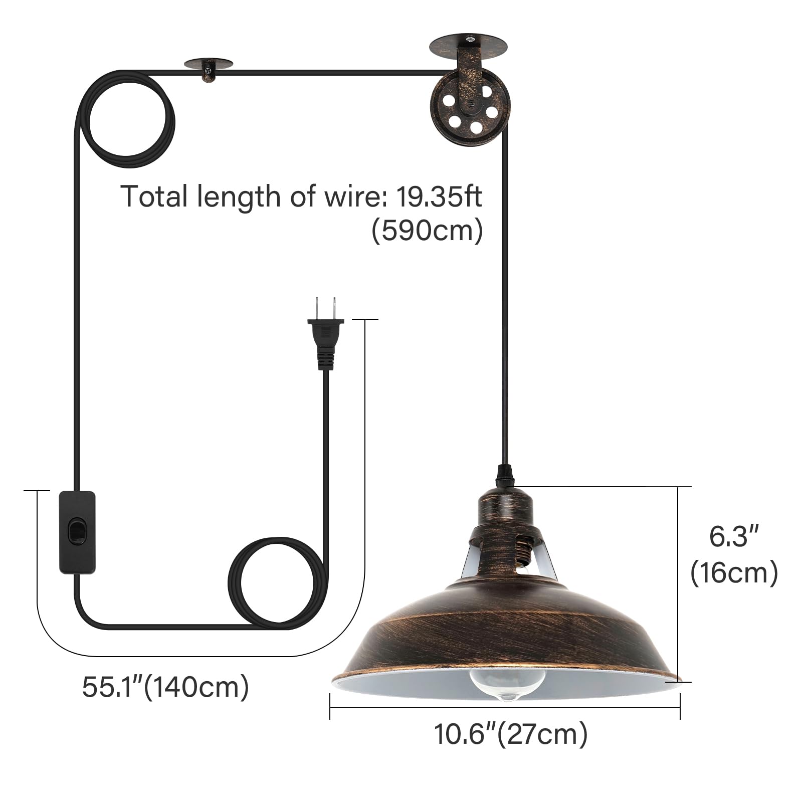Farmhouse Brushed Bronze Plug In Pulley Barn Pendant Light With 19.4Ft Cord On/Off Switch Rustic Vintage Hanging Ceiling Lamp Fo