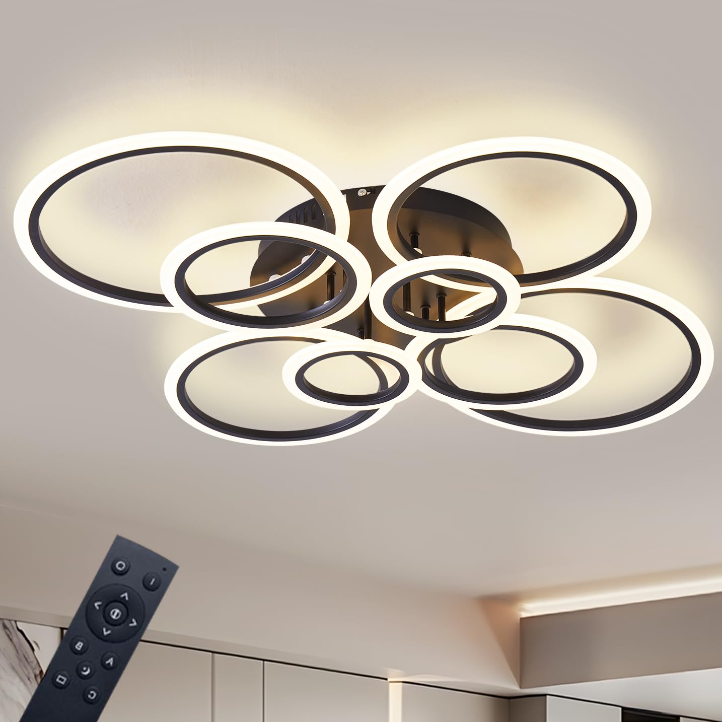 Modern Led Ceiling Light, Semi-Flush Mount With Remote Control, Dimmable Brightness (3000-6000K), 8-Ring Black Design For Living