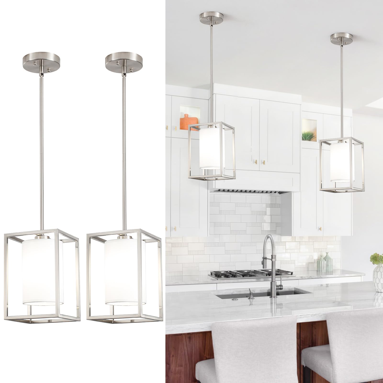 Brushed Nickel Pendant Lights Kitchen Island 2 Pack, Modern Small Lantern Kitchen Pendant Lighting Over Island, Farmhouse Kitche