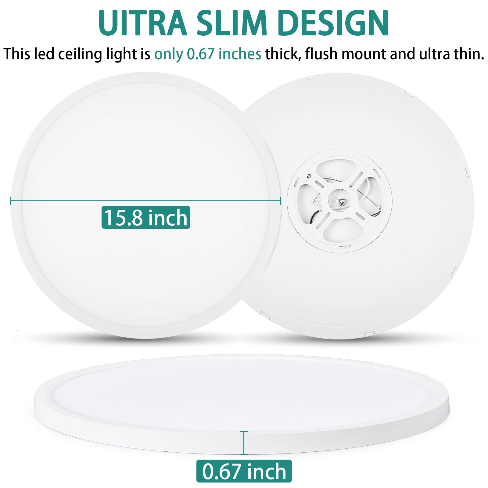16'' Dimmable Led Ceiling Light Fixture, Ultra Thin Flush Mount, 28W 2800Lumen, 3 Color Changeable, Round, White, For Dining Roo