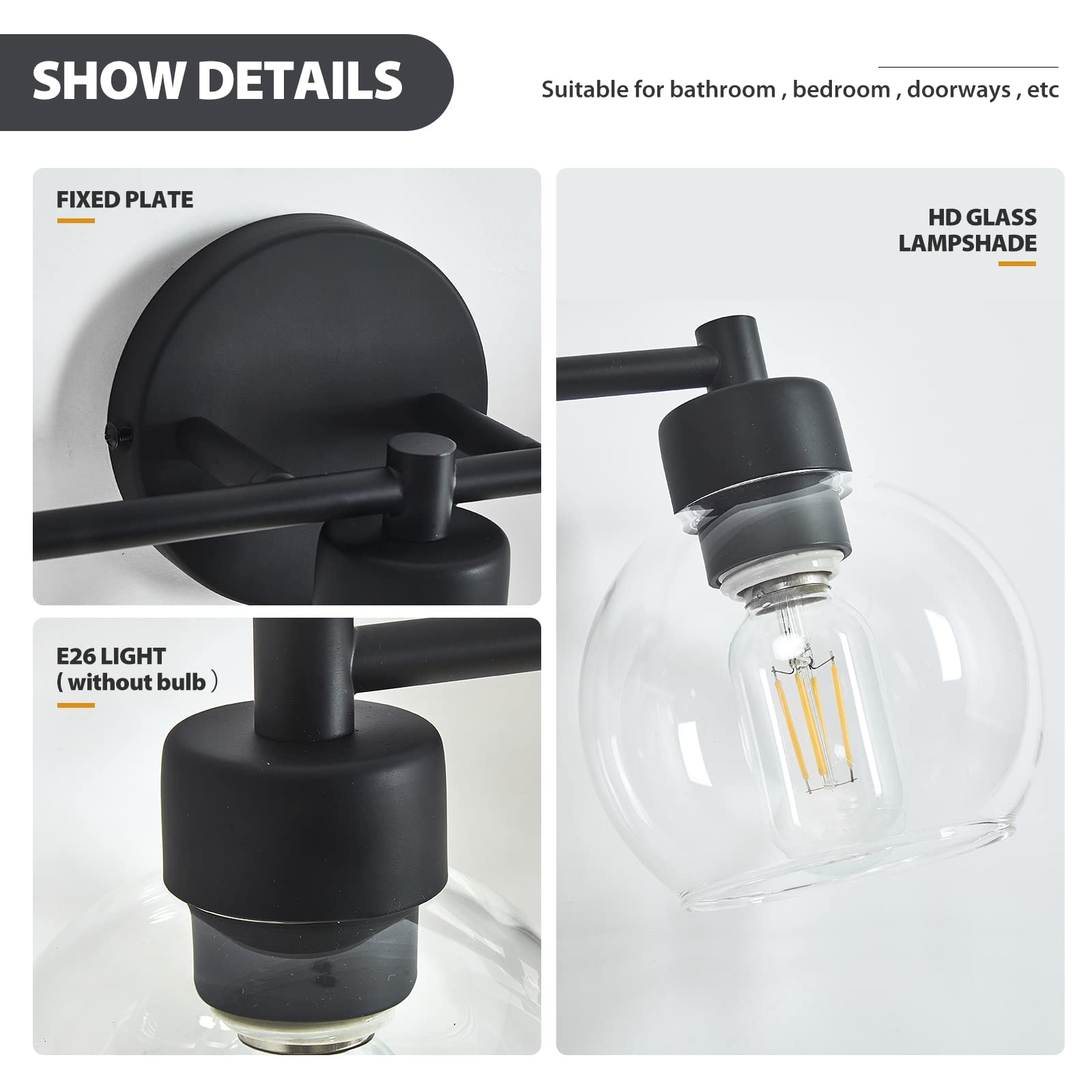 yenlacy Bathroom Light Fixtures, Matte Black Vanity Light 3 Light, Globe Glass Shade, Metal Base, Model HSL-B85-045-03-BK