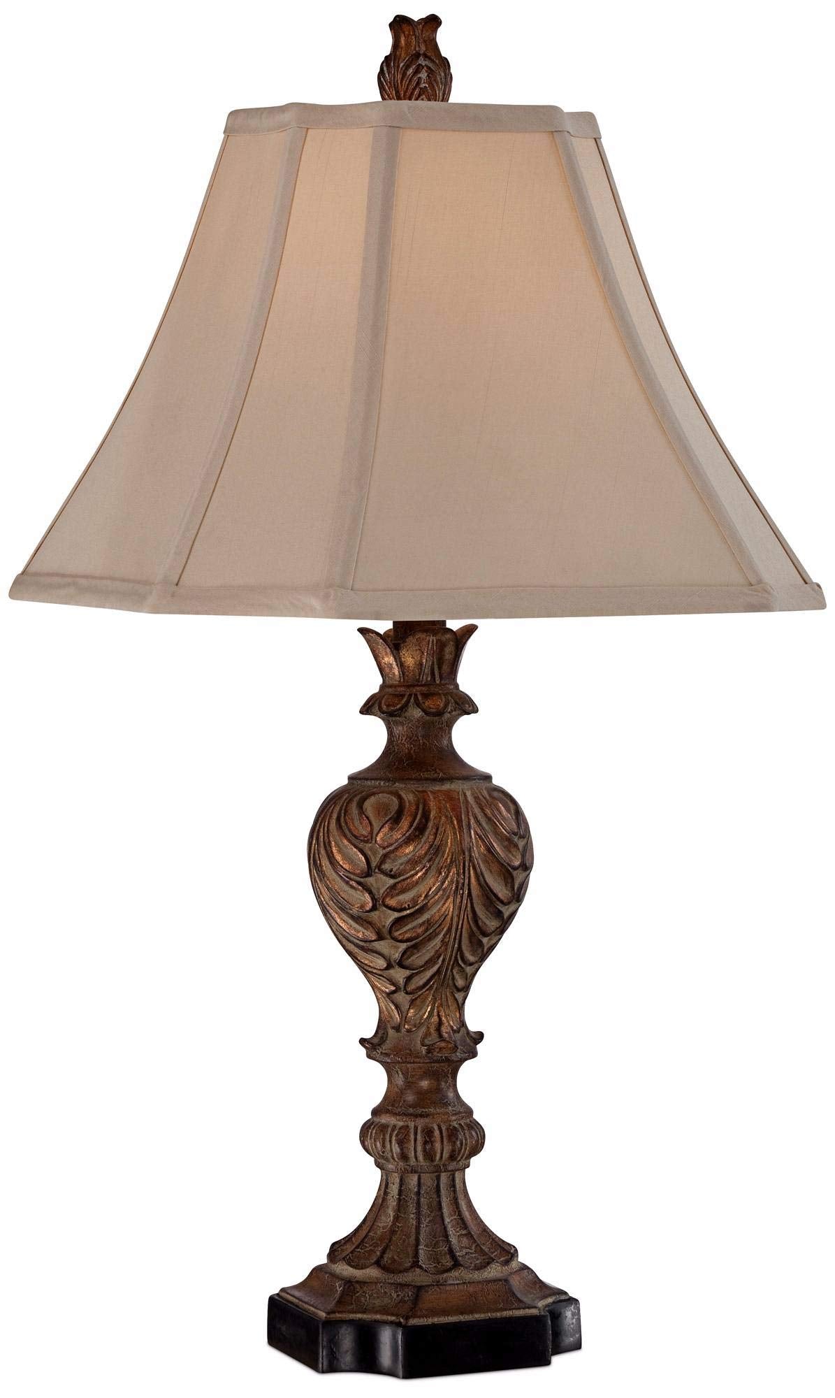 Regency Hill Regio Traditional Urn-Shaped Table Lamp 25.5'' High Aged Brown Carved Acanthus Leaf Tan Sheer Fabric Square Bell Sh
