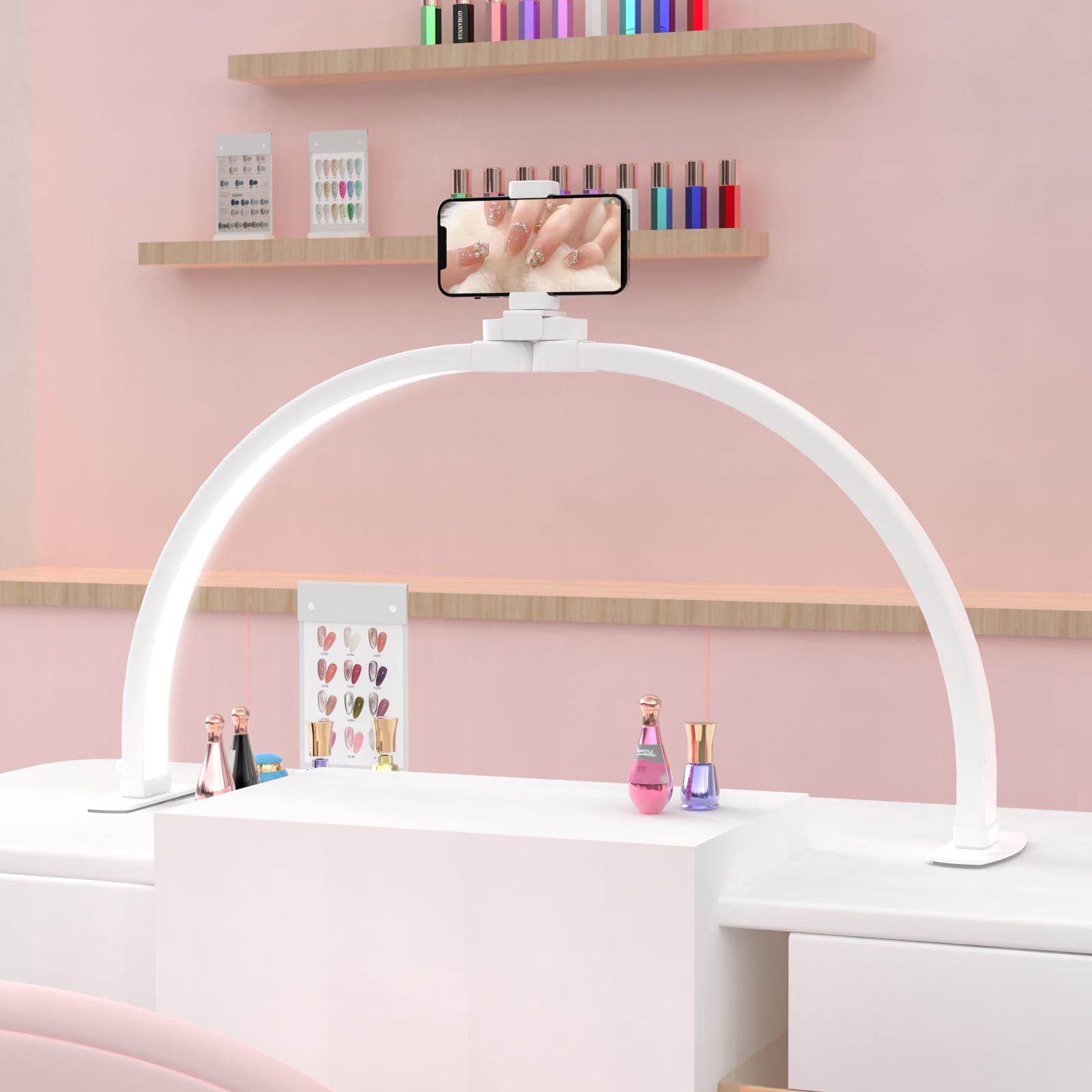 APTMAPT Half Moon Light for Nail Desk with Phone Holder 29In 38W Nail Lamp for Desk with Wire Controller Adjustable Color Temper