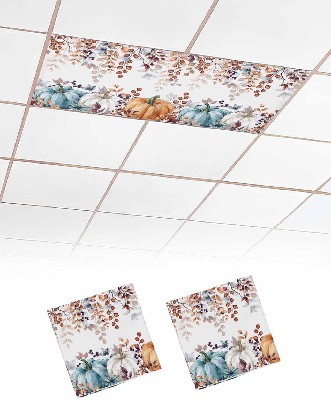 Fall Fluorescent Light Covers For Ceiling Lights Autumn Eucalyptus Leaf Magnetic Light Filters 2 Pack 4X2 Ft Maple Leaf Harvest Pumpkin Thanksgiving Ceiling Lights Cover For Classroom Office Drop Lamp