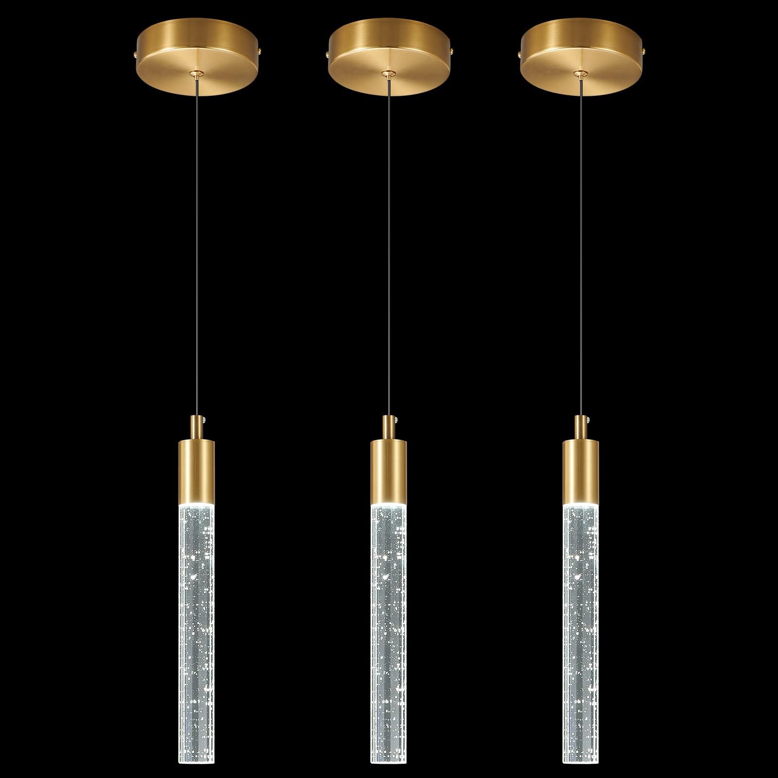 Zhllmq Modern Kitchen Island Pendant Light, Dimmable Led Gold Brass Crystal, 3-Pack