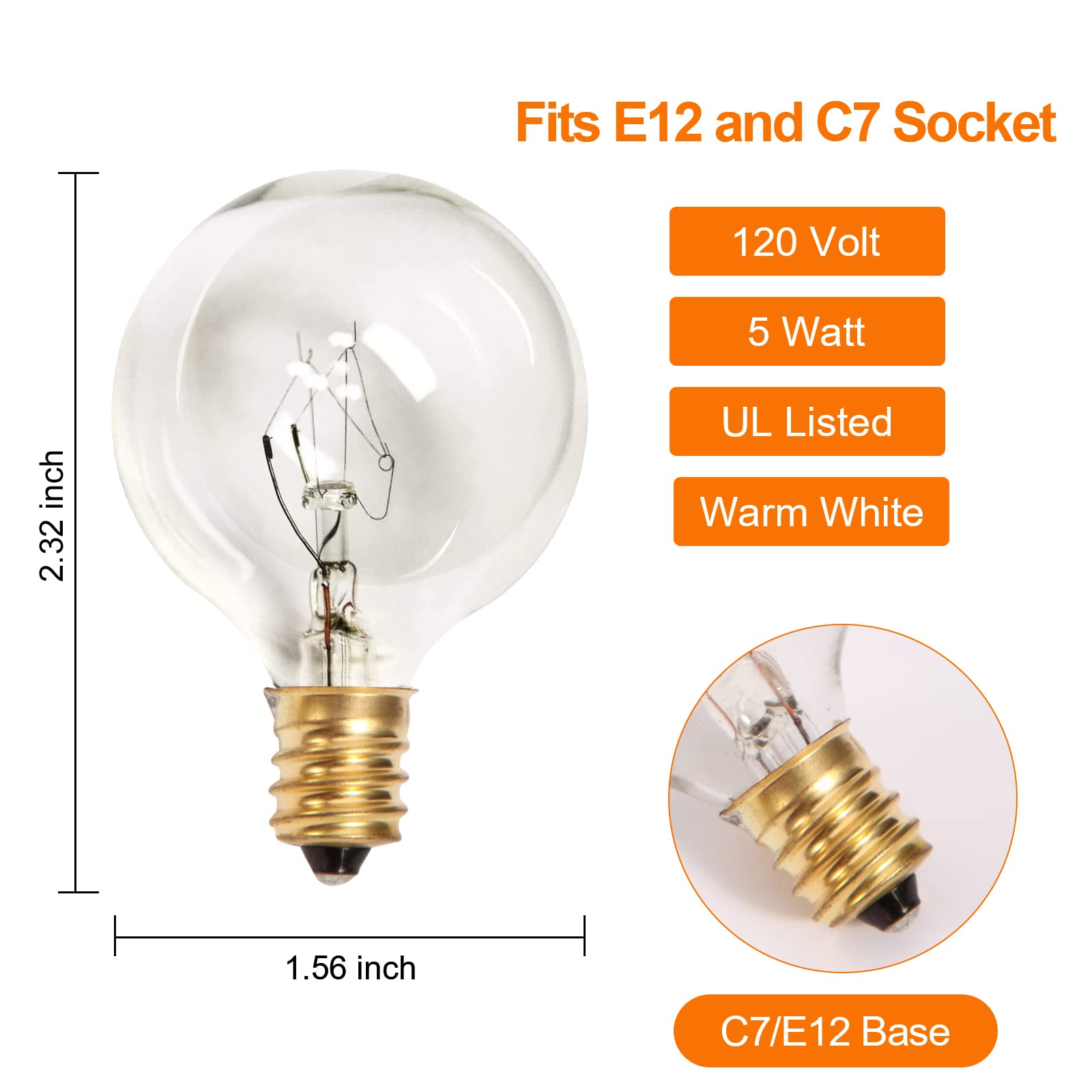 rincentd G40 5W Clear Globe Light Bulbs, Dimmable E12 Candelabra Base, 120V, 25 Pack for Indoor/Outdoor Patio Decor