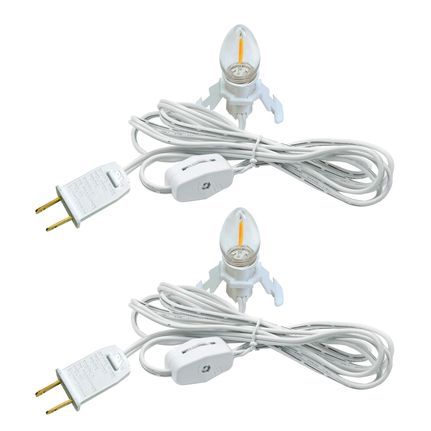 2 Pack Accessory Cord with LED Night Light Bulbs - White Cord with On/Off Switch Plugs - C7 led Bulb Warm White with Spare Fuse 