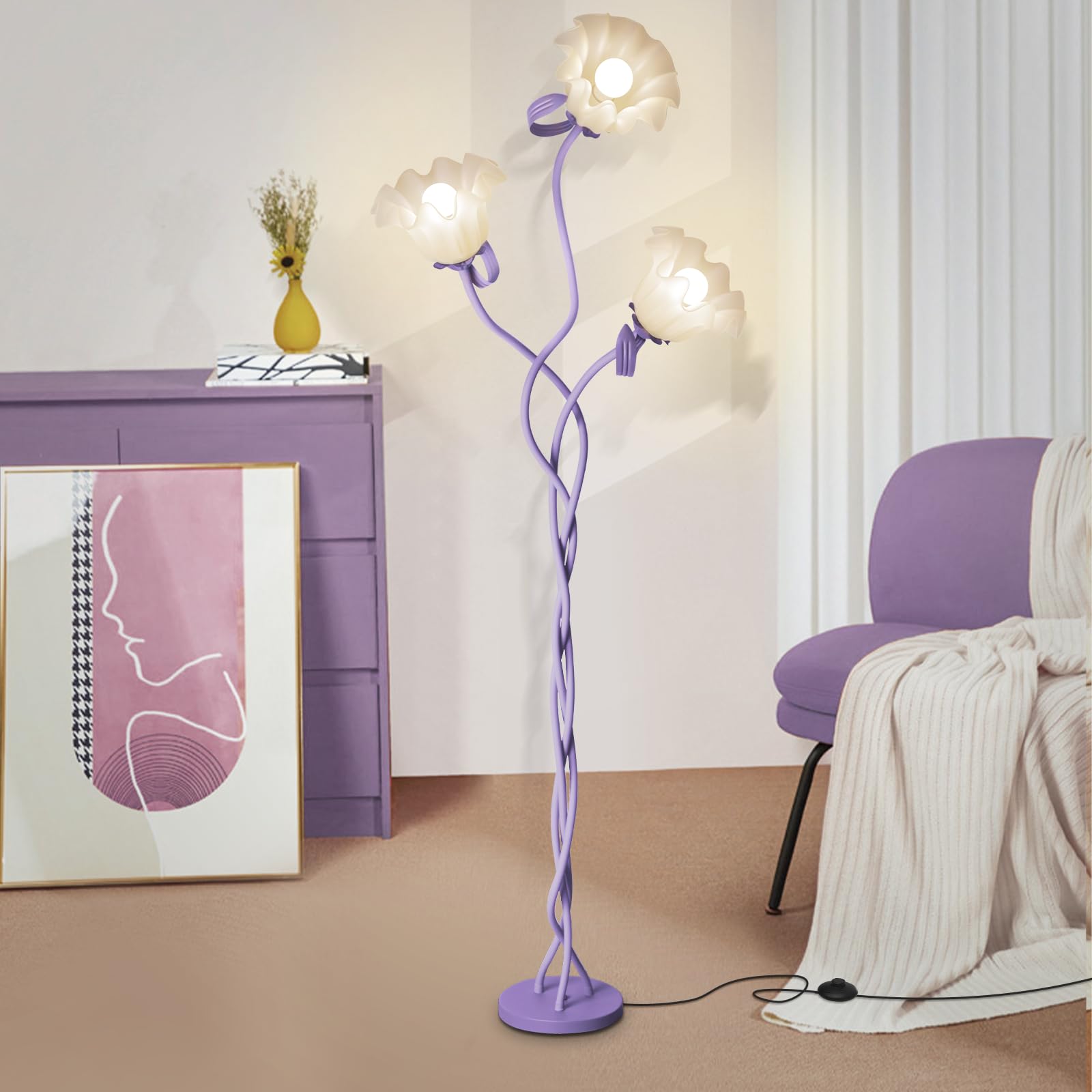 Larnix Flower Standing Lamp, 3 Light Floor Reading Lamp, Large Iron, Purple, Model HLD-003-3
