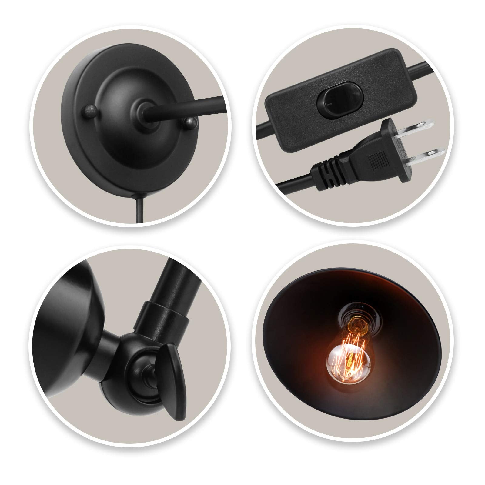 AEOREAL Plug-in Wall Sconce, Black Antique Swing Arm Vintage Light Fixture, E26 Base, 2 Pack