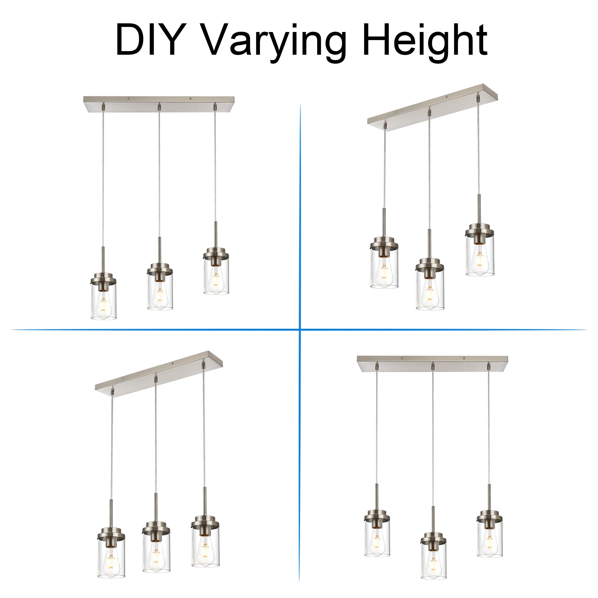 MELUCEE Kitchen Pendant Lighting 3 Lights Brushed Nickel Chandelier 23.6" Clear Glass Shade