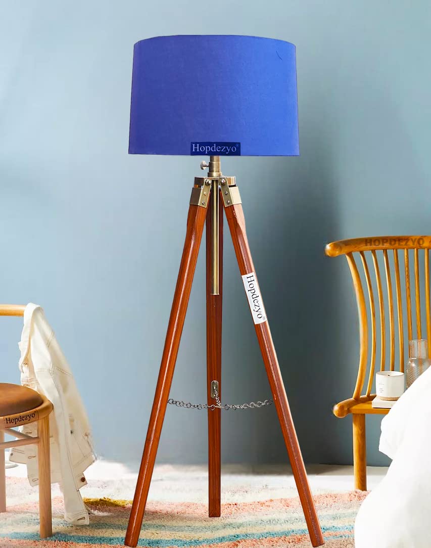 Hopdezyo Italian Wooden Tripod Floor Lamp with Home Decor Blue Drum Shade, Bulb, Wiring, E27 Holder Included, Pack of 1