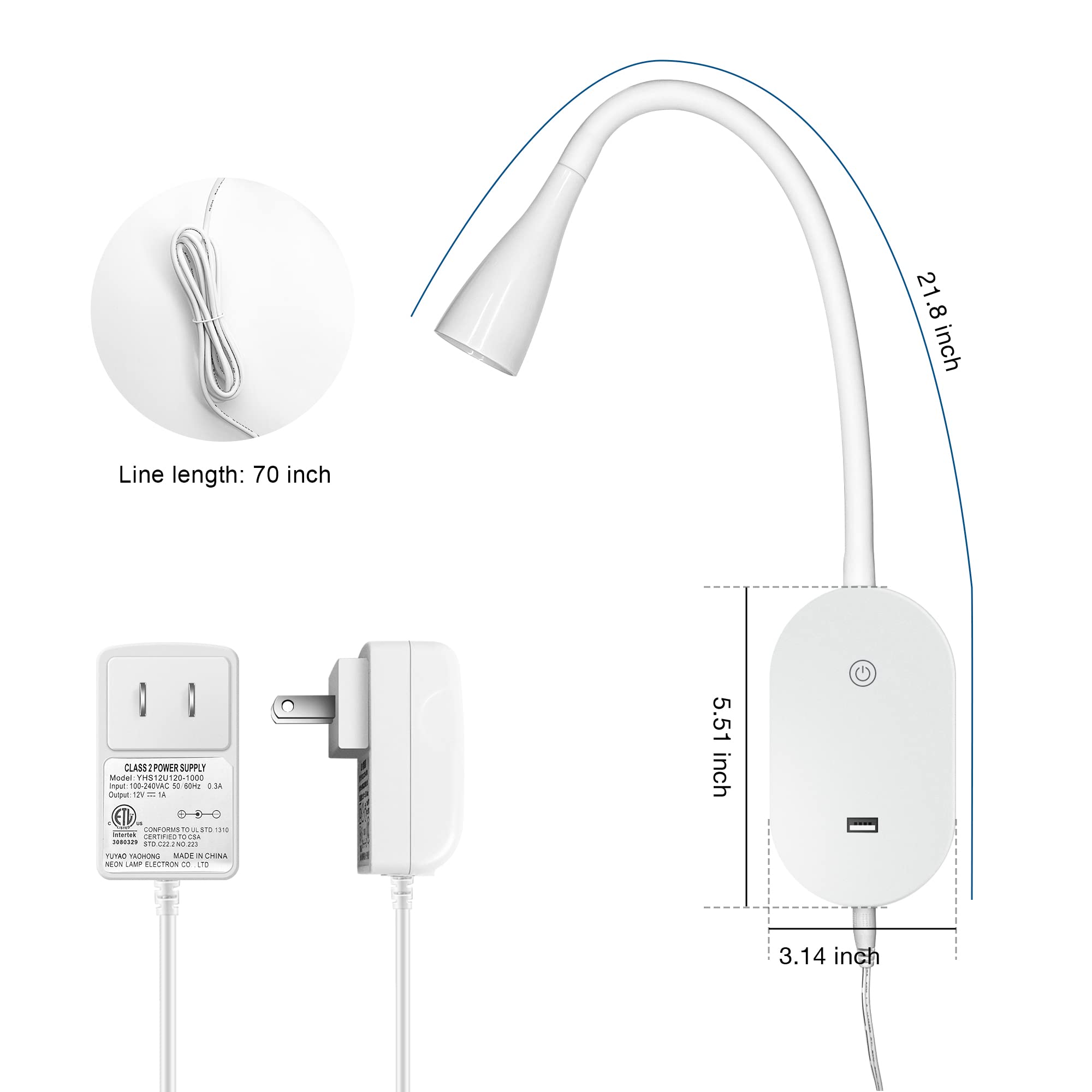 Wall Mounted Reading Light Set Of 2, Dimmable Touch Control Usb Output Led Flexible Gooseneck 4000K Bed Lights, Easy To Install